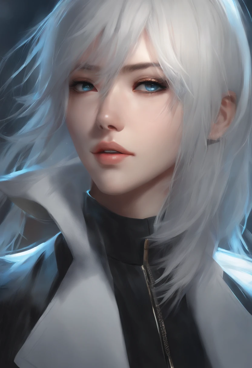 full shot of rimuru tempest, sky blue straight hair, long bangs, with amber eyes, wearing a fancy black jacket, high collar, ultra detailed, brush strokes, digital painting, cinematic, wlop artstation, closeup, pixiv, intense, intimidating glare, photorealistic, overpowering, makoto shinkai, rossdraws, andy warhol”