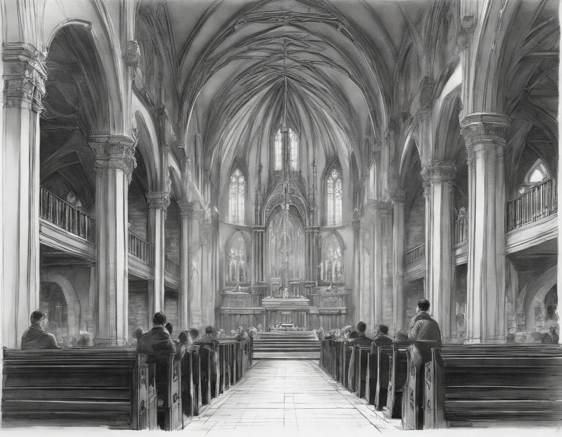 japanese, pencil drawing, roughly sketched, loose lines, brushed lines, outline drawing, beautiful thin lines, intriguin correct anathomy, academic drawing, elaborate, perfect composition, two-point perspective, 1 anime girl in the middle close to camera reaching out, inside church, ruined church, sketch, black and white, interesting, amazing, high res, detailed, professional lighting, no other humans