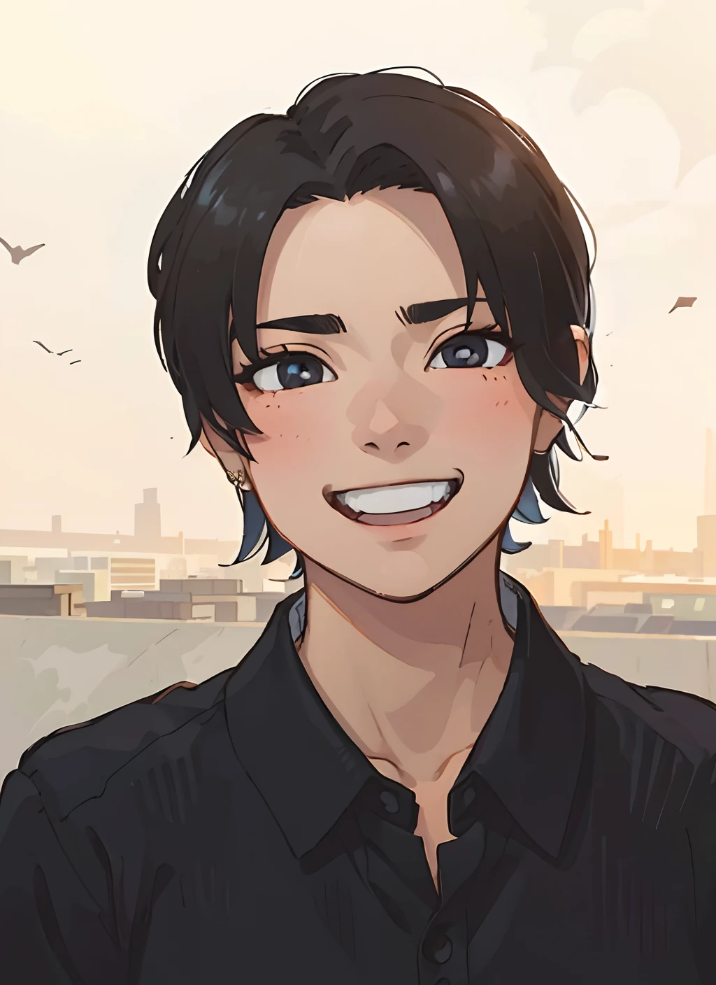 (top-quality:0.8)、(top-quality:0.8)、perfect anime illustration、Extreme close-up portrait of pretty woman walking in the city、A smile、Black shirt、short-haired