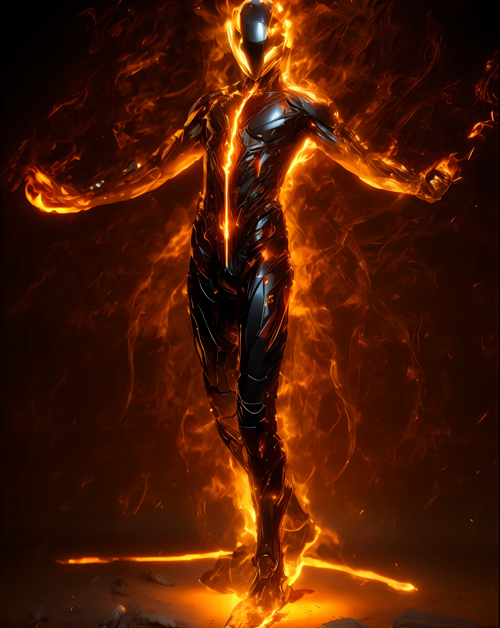 (absurdres, highres, ultra detailed), masterpiece, best quality, a boy with in black outfit, red cape, wizard, solo, handsome, short hair, red hair, vibrant red eye, glowing eye, glow effect, finely eye, detailed face, red flame, spark, swirl, isolated land background, from below, look down, look at viewer, cowboy shot, (perfect helmet), (perfect flaming aura)