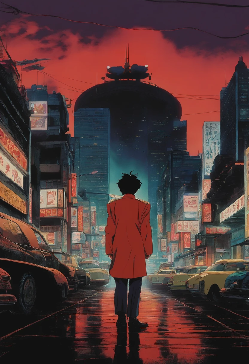 Vintage anime screenshot from Akira, 90’s anime aesthetic, A stunning maximalist action shot of the protagonist,”