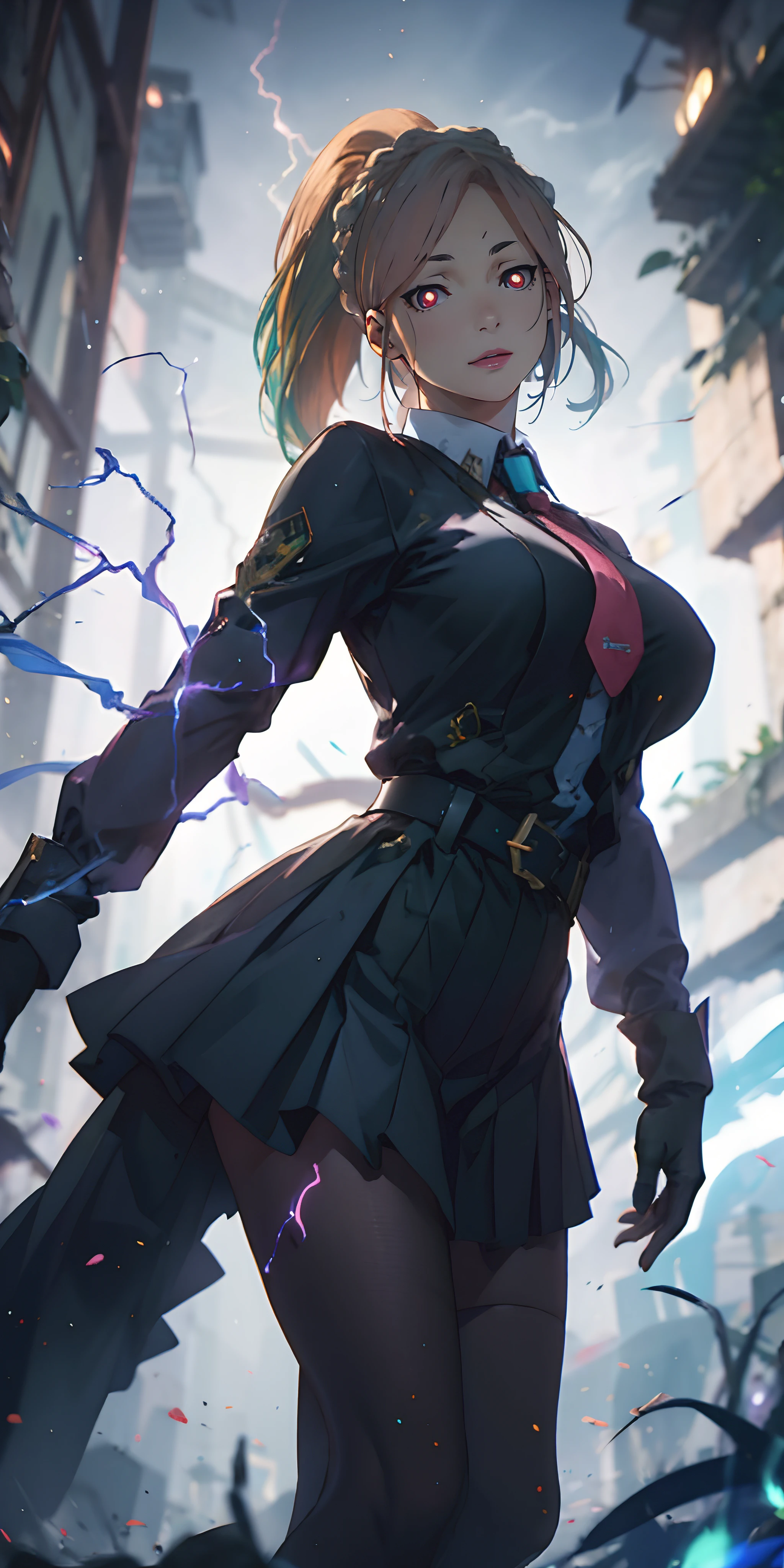 tenka izumo, (short hair, green hair:1.6), green eyes, multicolored hair, sweating, glowing eyes, heavy breathing, 1girl, breasts, (electricity:1.4), large_breasts, skirt, blurry, pleated_skirt, depth_of_field, gloves, belt, school_uniform,  long_sleeves, solo, looking_at_viewer, blurry_background, necktie, glow effects, godrays, Hand drawn, render, 8k, octane render, cinema 4d, blender, dark, atmospheric 4k ultra detailed, cinematic, Sharp focus, big depth of field, Masterpiece, colors, 3d octane render, 4k, concept art, trending on artstation, hyperrealistic, Vivid colors, extremely detailed CG unity 8k wallpaper, trending on CGSociety, Intricate, High Detail, dramatic,
