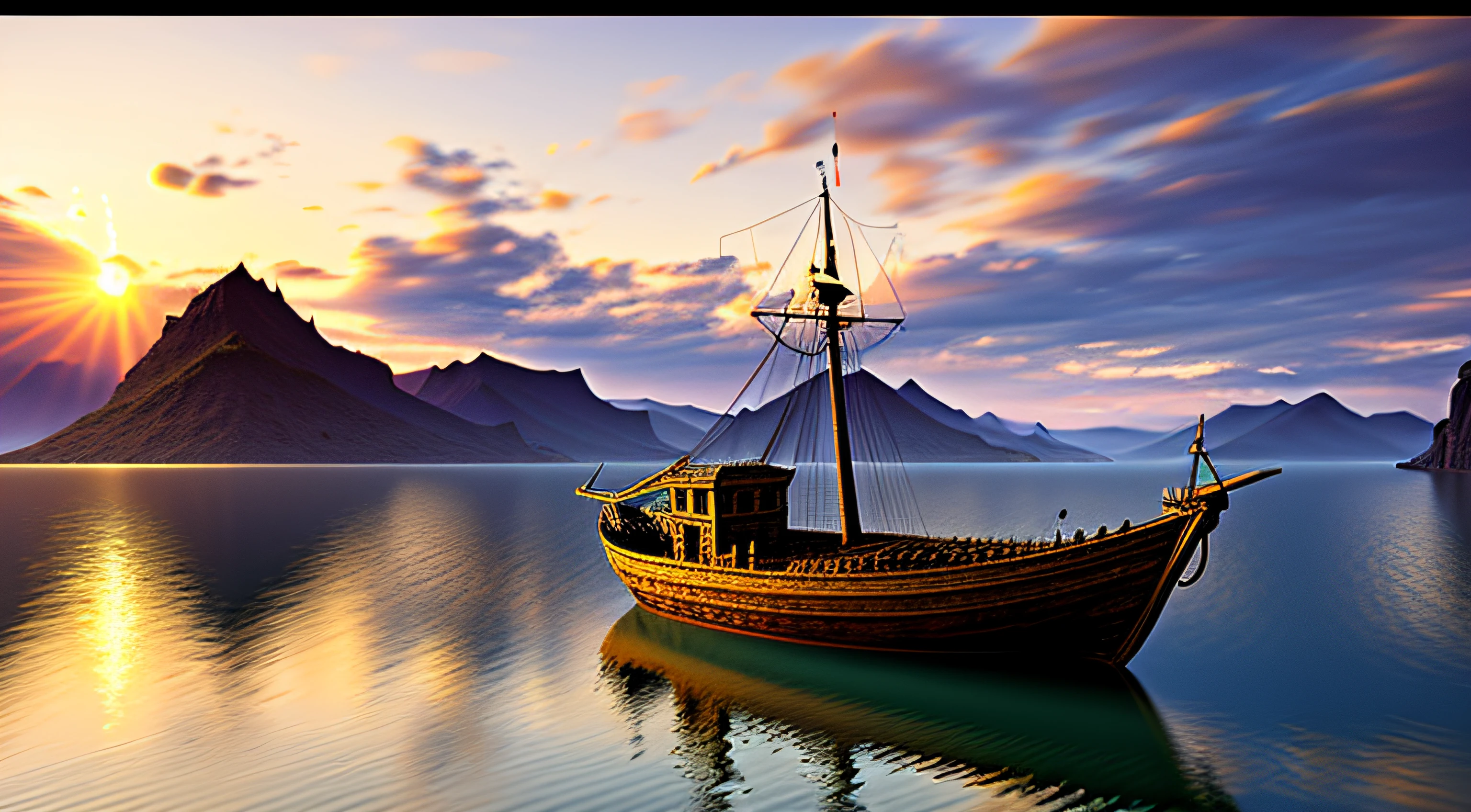 (masterpiece, best quality, digital art:1.4) of a romantic landscape, wooden ship, cinematic lighting, detailed oil painting, hyperrealistic, 8k, high resolution, insanely detailed and intricate, artstation, octane render, unreal engine 5, cinematic, 8k hd wallpaper, digital art, trending on artstation, wide angle, by jeremy mann, deviantart, rossdraws, frank
