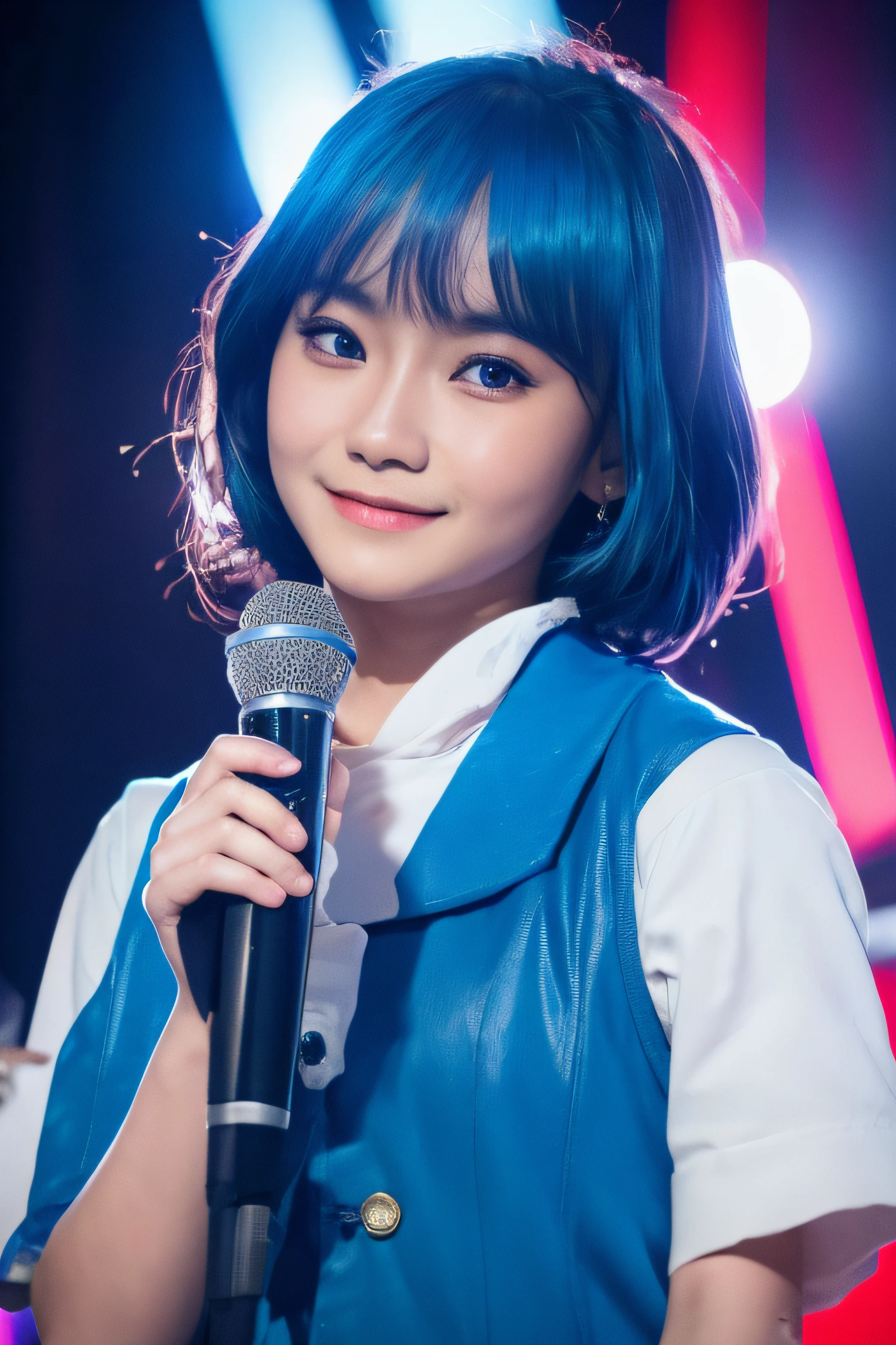 freya from JKT48, idol, indonesian girl, ash blue hair, wearing a blue japanese school unform, in the stage, close up, looking at camera, cinematic, sharp lense, professional photographie, 70mm lense, soft light, colorful background, 4k