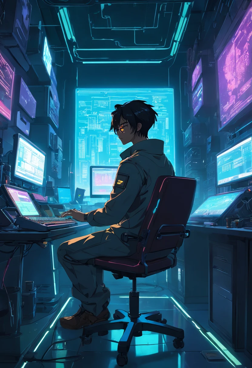 .RAW, Grand angle, Un homme dans un laboratoire sombre, Sitting on a chair in front of a futuristic computer screen, porte des lunettes., 50 ans,Reddish-black skin, cheveux noirs, Dark Eye Typography,petite barbe,blouse blanche de laboratoire,Astronomy Laboratory View Star Information, hardware, Environnement lumineux, neon light, ((Cyberpunk))