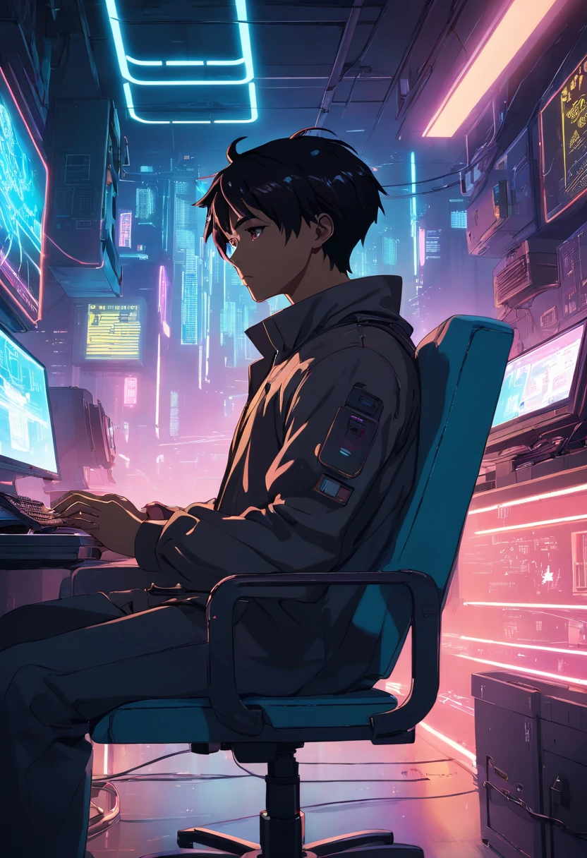 .RAW, Grand angle, Un homme dans un laboratoire sombre, Sitting on a chair in front of a futuristic computer screen, porte des lunettes., 50 ans,Reddish-black skin, cheveux noirs, Dark Eye Typography,petite barbe,blouse blanche de laboratoire,Astronomy Laboratory View Star Information, hardware, Environnement lumineux, neon light, ((Cyberpunk))