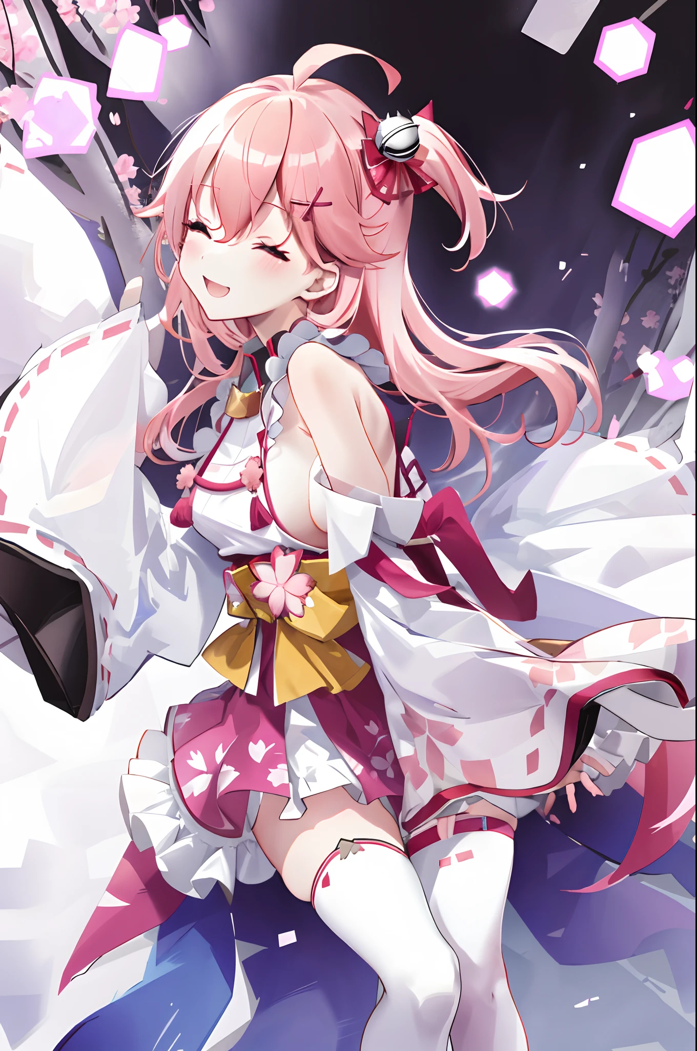 masterpiece, best quality, highres, miko1, sakura_miko, 1girl, big_boobs, solo, ahoge, x_hair_ornament, pink_hair, floral print, hairclip,(side_less_clothes:1.5), (side_boobs:1.5), hair_bell, floral print, long_hair, hair between eyes, one side up, white thighhighs, asymmetrical legwear, wide sleeves, open_mouth,(happy:1.3),green_eyes,big_smile,(raise_leg:1.3),plump,apart_legs,(overly_long_sleeves:1.3),),sleeves_past_wrists,hands_hidden_sleeves,sidelock_clothes,solo,hidden_wrists,(XD:1.5),covered_nipples,plump,sunlight,(bare_flank:1.3)