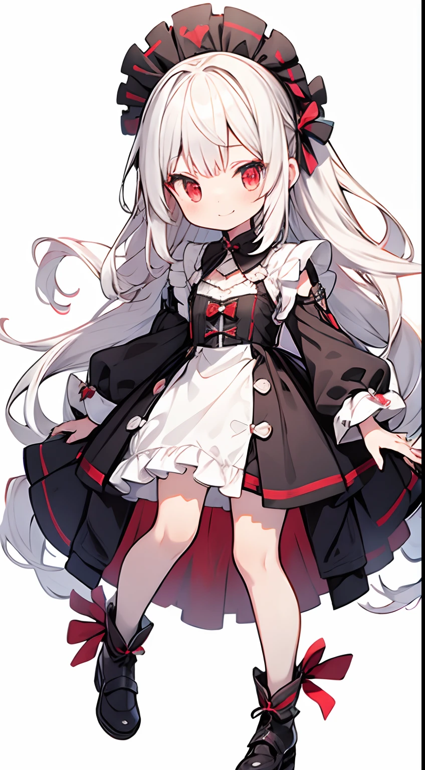 masutepiece, Best Quality, Ultra-detailed, kawaii, Cute, lovely, Extremely detailed, 4K, 8K, Best Quality, Beautiful, Anime style,Full body up, A -yeld gi Lori, Solo, Maids,Lolita,magical little giutiful white hair,Beautiful red eyes, Beautiful eyes,Yumekawa,White-skinned,Fluffy long hair,  slim, slender, Smile