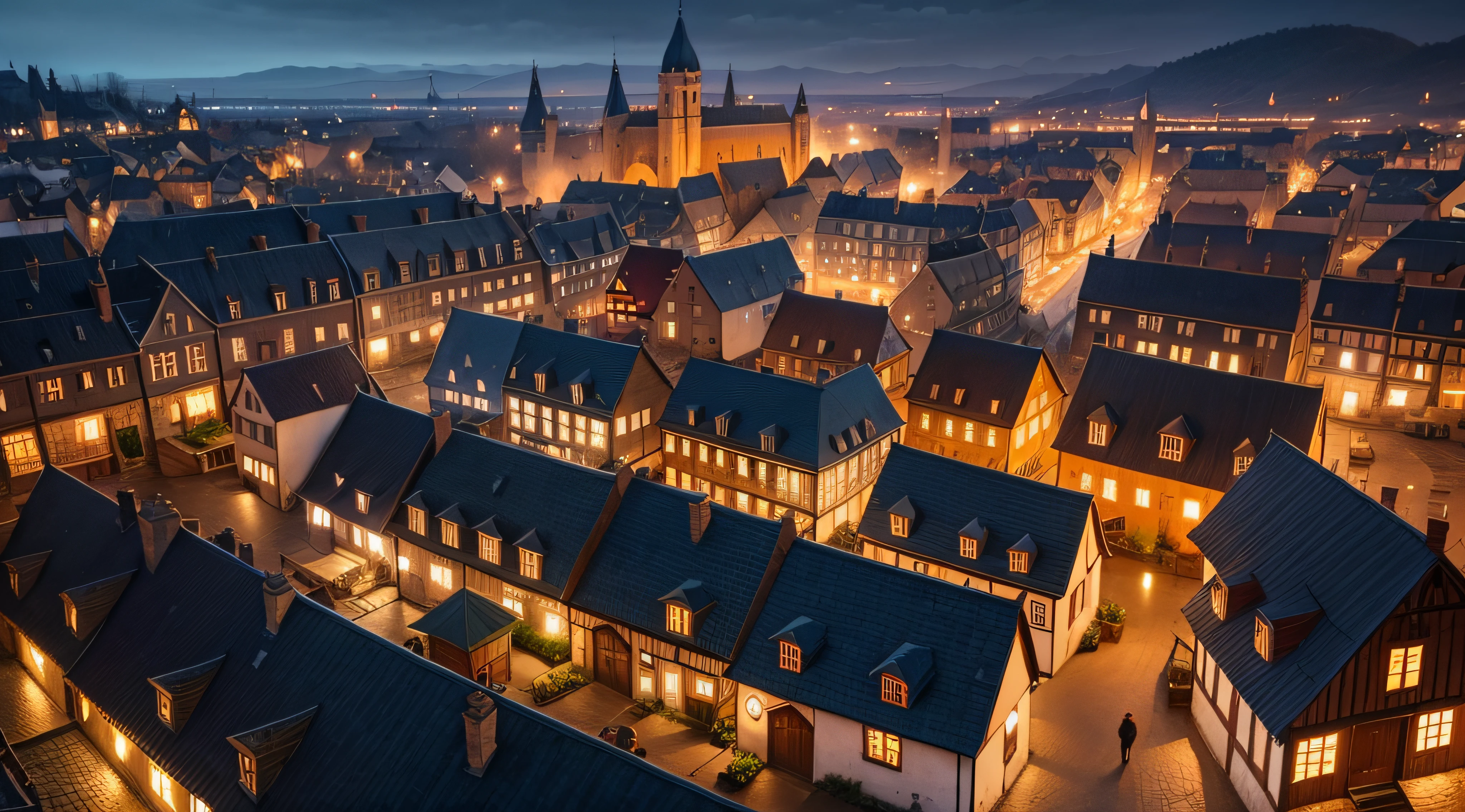 medieval city and meny of houses in night