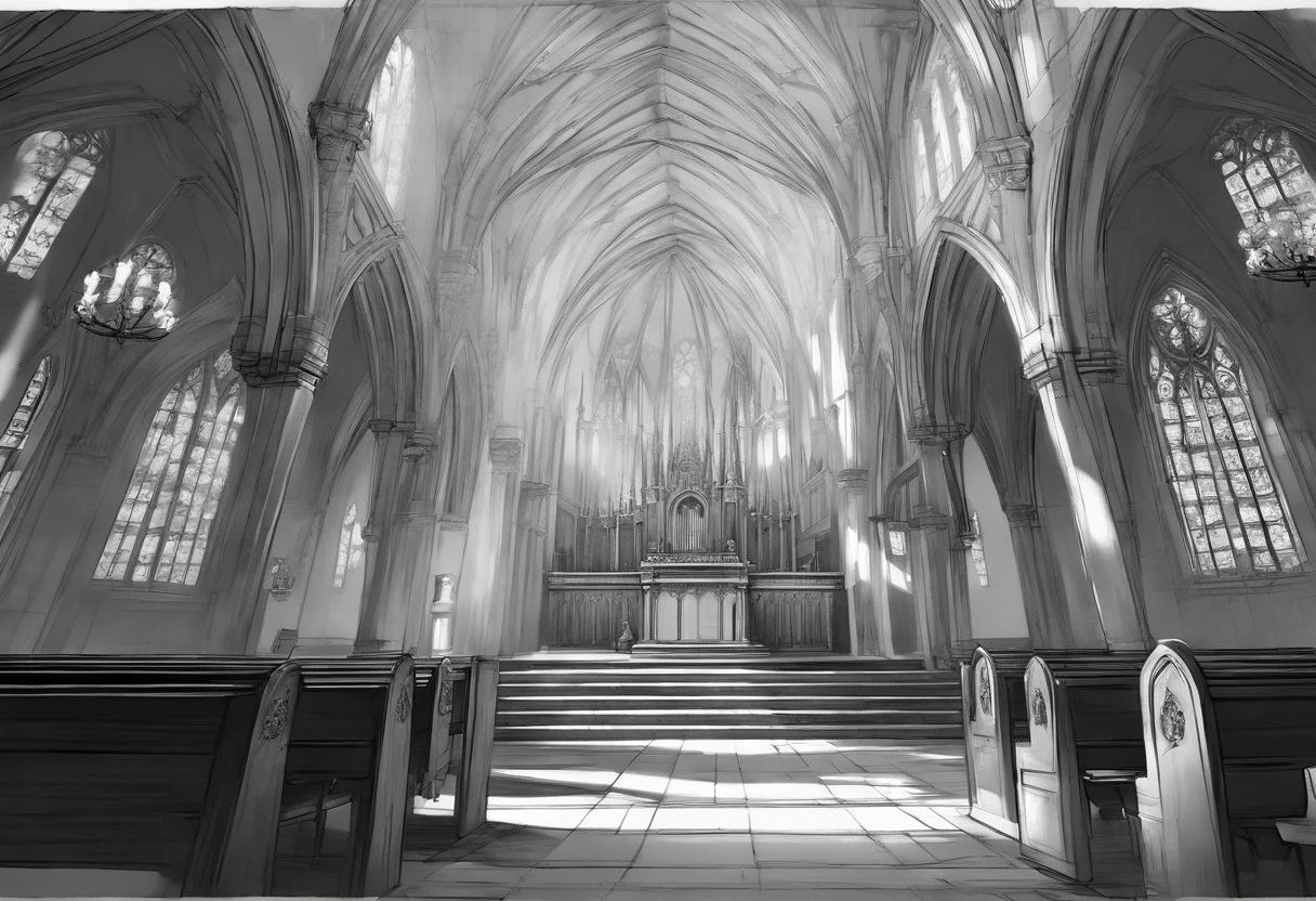 japanese, pencil drawing, roughly sketched, loose lines, brushed lines, outline drawing, beautiful thin lines, intriguin correct anathomy, academic drawing, elaborate, perfect composition, two-point perspective, 1 anime girl in the middle close to camera reaching out, inside church, ruined church, sketch, black and white, interesting, amazing, high res, detailed, professional lighting, no other humans, detailed inside, fantasy themed church