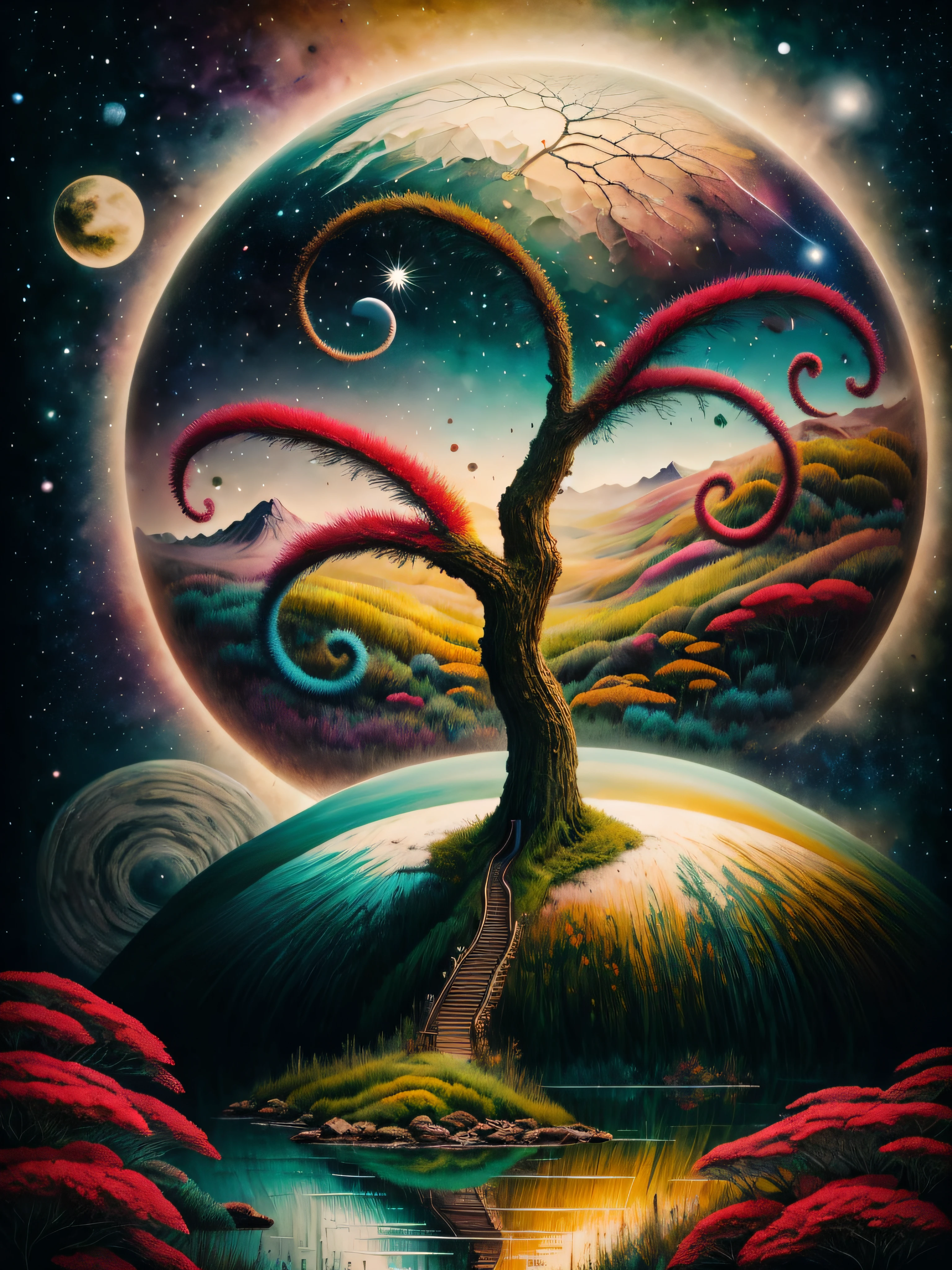 Autumn landscape painting, alta resolucion, hiperrealista, Arte digital surrealista, dreamlike surrealism, Hermosa obra de arte digital, Surrealist and fantastic art, Las estrellas son peces en las profundidades, Estilo Alexander Jansson, Copa Kerem, por Alexander Jansson, Arte surrealista, by Adam Marczyński, a beautiful artwork illustration, Estilo Mark Ryden, Mark Ryden muy detallado, Estilo de Mark Ryden, Mark Ryden en el estilo de, cute anthropomorphic bunny, por Mark Ryden, Surrealismo pop lowbrow, Arte hiperrealista