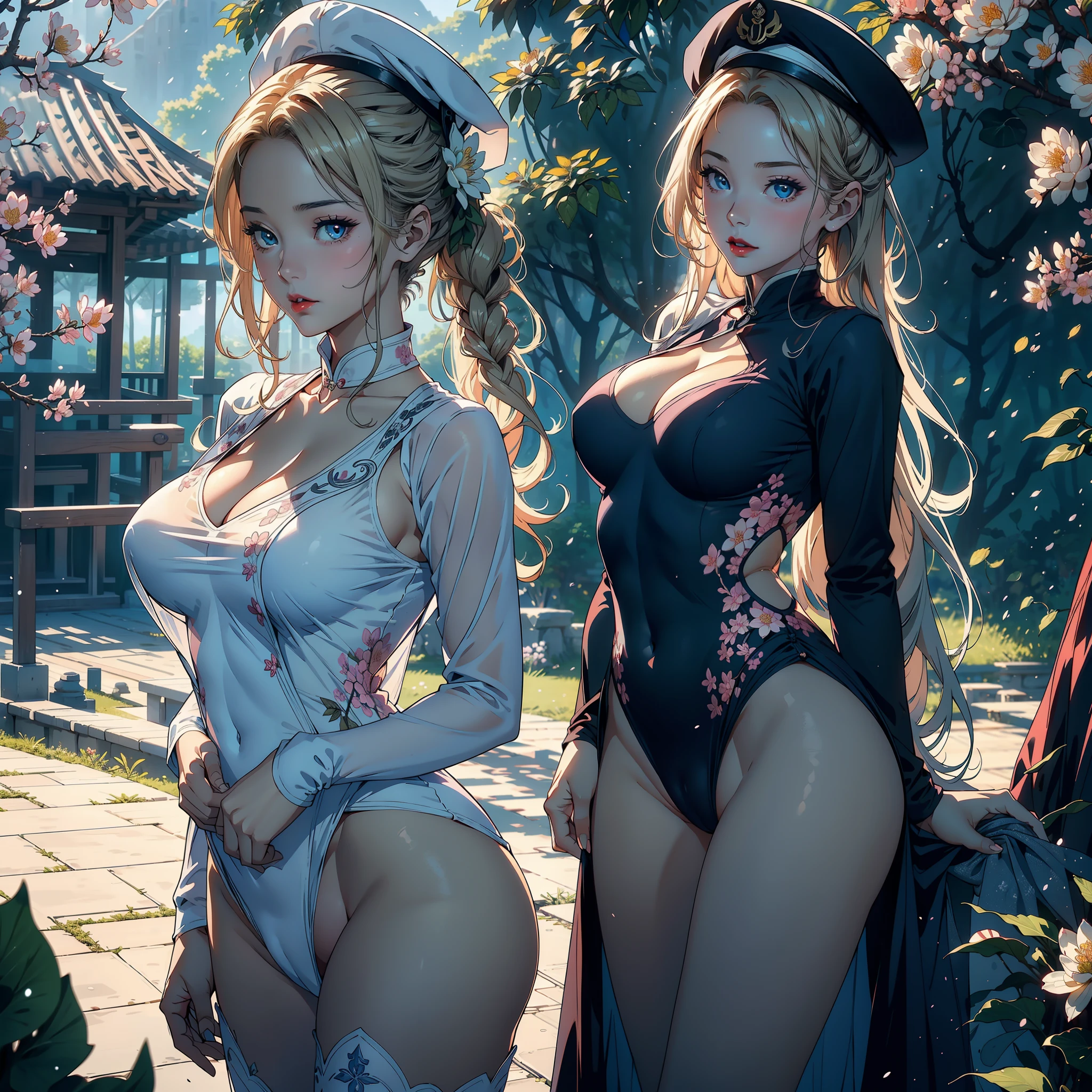 3 females，Stand in a row，Beauty contests，sexyposture，Married Woman，A MILF，熟妇，mature，extremely large bosom，plumw（Background with：Mare，Cherry blossom forest，lotus flower）Lie underwater， She has short blonde hair，cabelos preto e longos，bobo head，seen from the front，mostly cloudy sky，（（（tmasterpiece），（Very detailed CG unity 8K wallpaper），best qualtiy，cinmatic lighting，detailed back ground，beatiful detailed eyes，Bright pupils，Blue eyes，Snow-whiteskin，Redlip（Very fine and beautiful），（Beautiful and detailed eye description），ultra - detailed，tmasterpiece，））facing at camera，A high resolution，ultra - detailed），revealing breasts，Bare genitalia，  Bulge，legs are open，Raised sexy，Camel toes，Desire for dissatisfaction，frontage，The upper part of the body，（Wearing ：校服，see-through sailor suit，Sailor's cap）