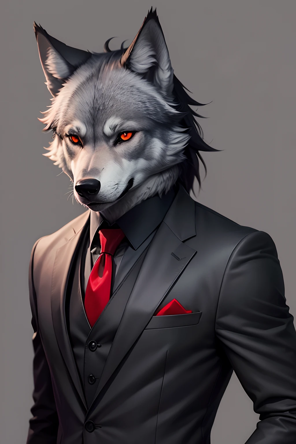 create a gray wolf in a black suit and red tie, very elegant, with red eyes