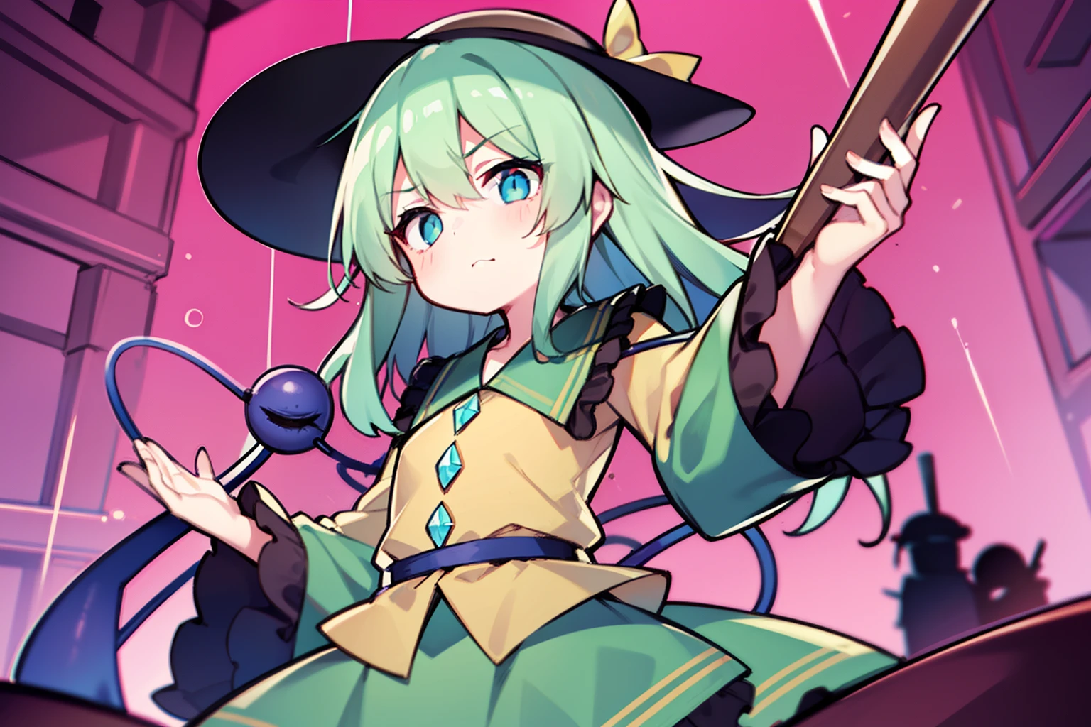 1girl in, beautiful countenance、komeiji koishi, Petite, closes mouth、irate、glareing、dead eyes、No highlights in the eyes、long-sleeve、symple background