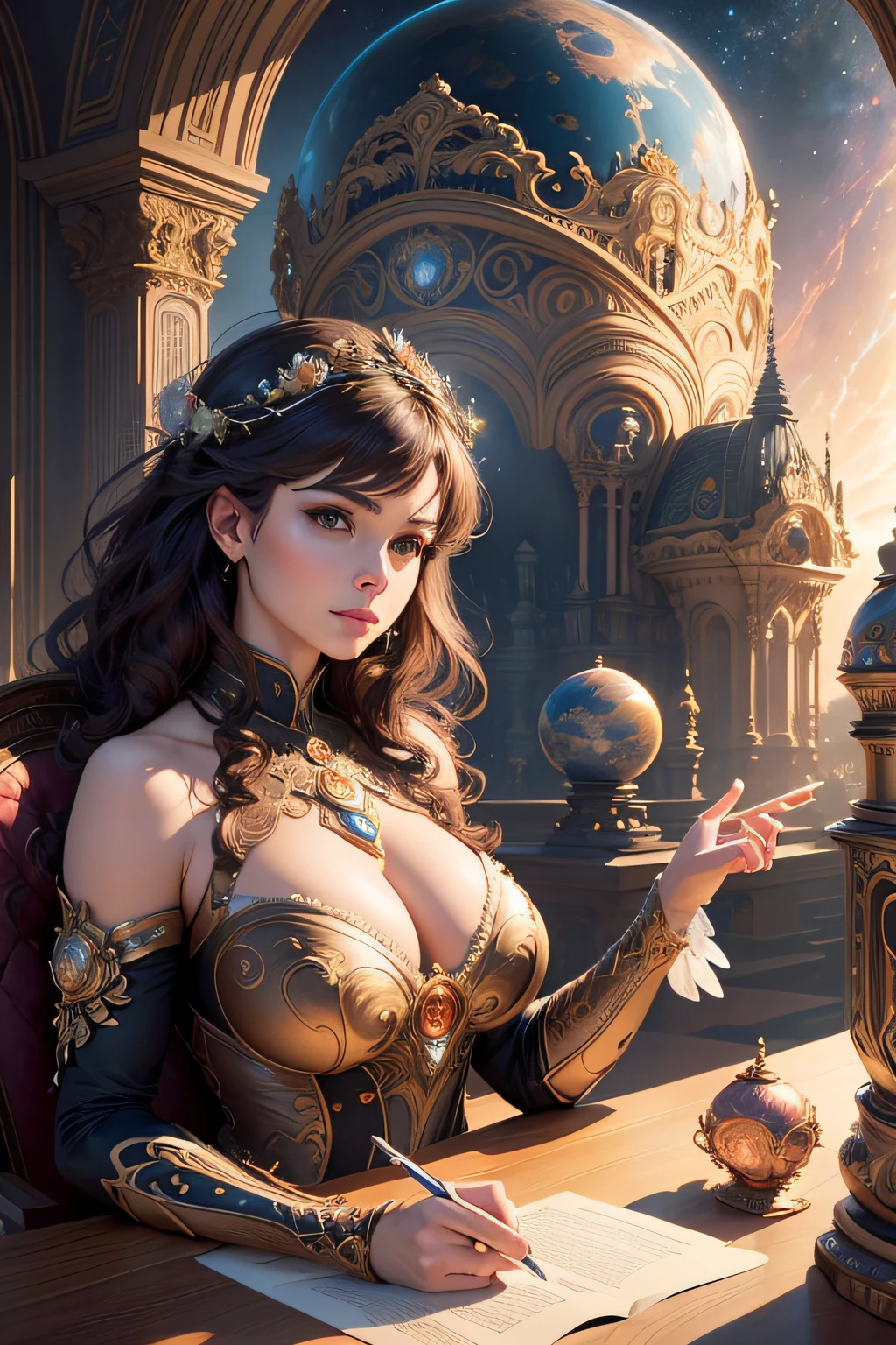 Sphere, Intricate, Rococo, Scenic, Hyperdetailed, Delicate; Royo; bright gassy colors; Regal; Bagshaw, Chevrier, Ferri, Kaluta, Minguez, Mucha, Johansson. Cinematic, 8K, concept, smooth focus, rutkowski, detailed Jupiter, beautiful, Artgerm, Giger, Planets, Space, wide angle