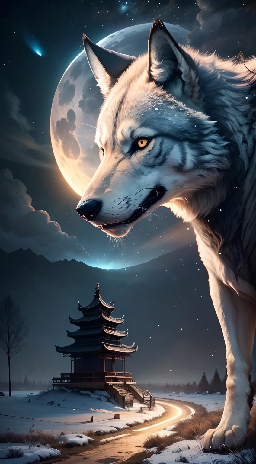 Powerful wolves，Close-up，View Night Sky，Roar into the night sky，Delicate depiction of hair，（Extremely detailed depiction of the wolf's body），Empty night sky，Transparent Nebula，pagoda，Auspicious clouds，The huge full moon shines brightly，Endless savannah，（Snowflakes flying），Winter tones，light and shadow effect，Light particle tracing，rendering by octane，Movie lighting，Surreal landscape，clear contour light，rim-light，fanciful，（8K分辨率），spotlight lights，Masterpiece，Master painting，photorealestic，realisticlying