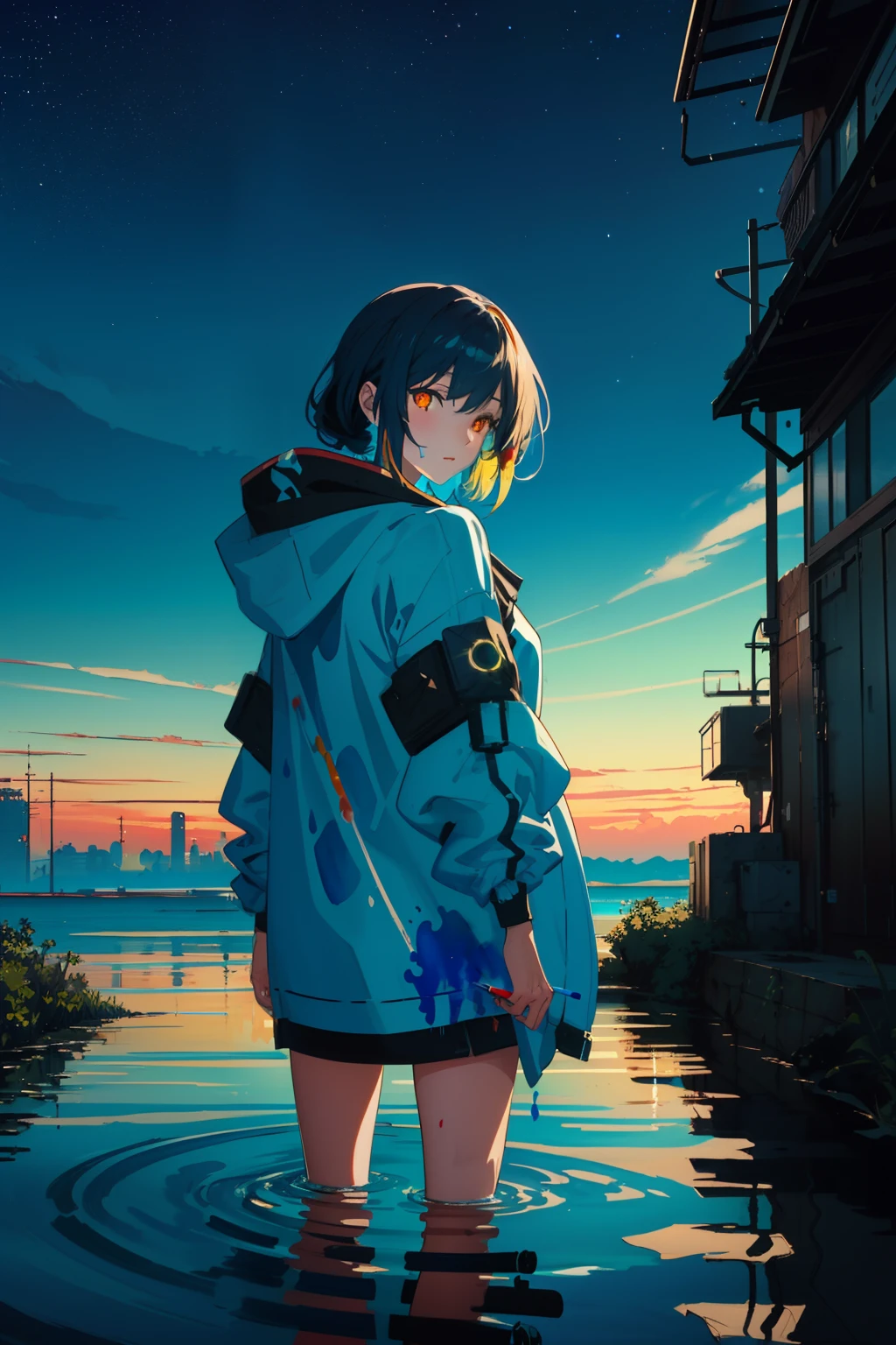 A woman standing in the water with a backpack and a backpack - SeaArt AI