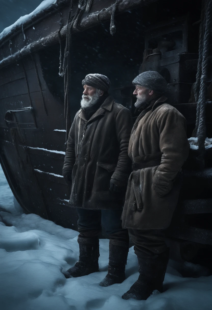 A ship crew member, frozen to death, stands inside an old ship in the sea. The ship is covered in snow, evoking a chilling and desolate atmosphere. The crew member's expression is stoic and solemn, as if frozen in time. The details of his face, including his eyes, nose, and lips, are beautifully detailed, capturing the essence of his struggle in the harsh environment. The medium used to depict this scene is an oil painting, adding depth and texture to the image. The lighting is dim, casting long shadows and enhancing the mysterious and haunting atmosphere. The overall quality of the image is of the highest level, with ultra-detailed features and a realistic touch. The colors are muted and cold, emphasizing the icy nature of the surroundings. The prompt encapsulates the tragic story of this ship crew member and invites Stable Diffusion to bring this scene to life with its advanced image generation capabilities.