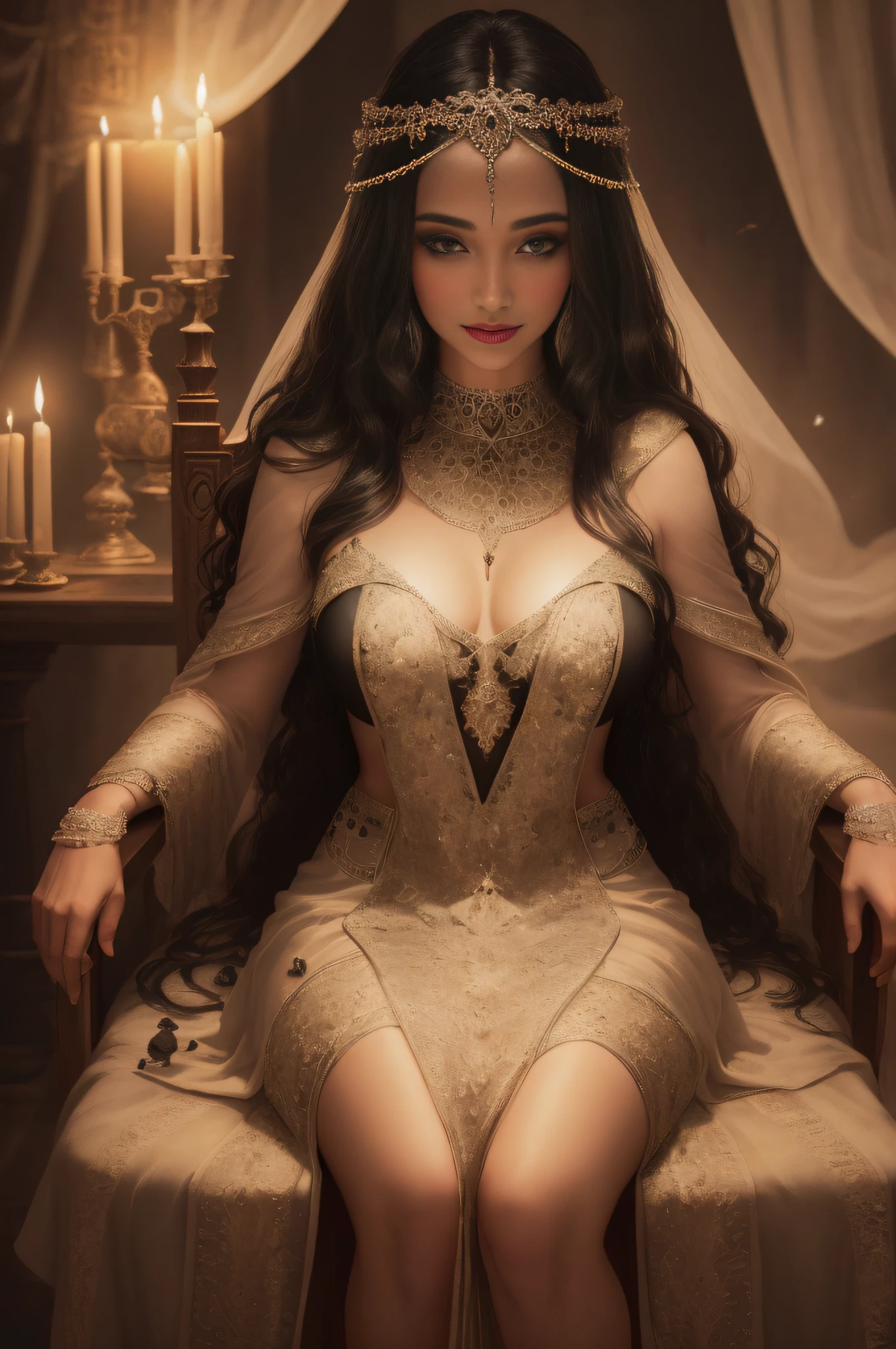 "((hyper-realistic, photorealistic, 8k, intricate details, ultra-detailed, maximum quality)) A witch, very hot, goddess of sorcery, queen of spells, lady of magic, hot sorceress, enchanted woman, black hair, breasts full, silky skin, full lips, loose hair, with a smile of lust, and wearing a sensual witch's dress, she is in her cave, sitting on her throne, surrounded by skulls and candles, while small bats fly around her."