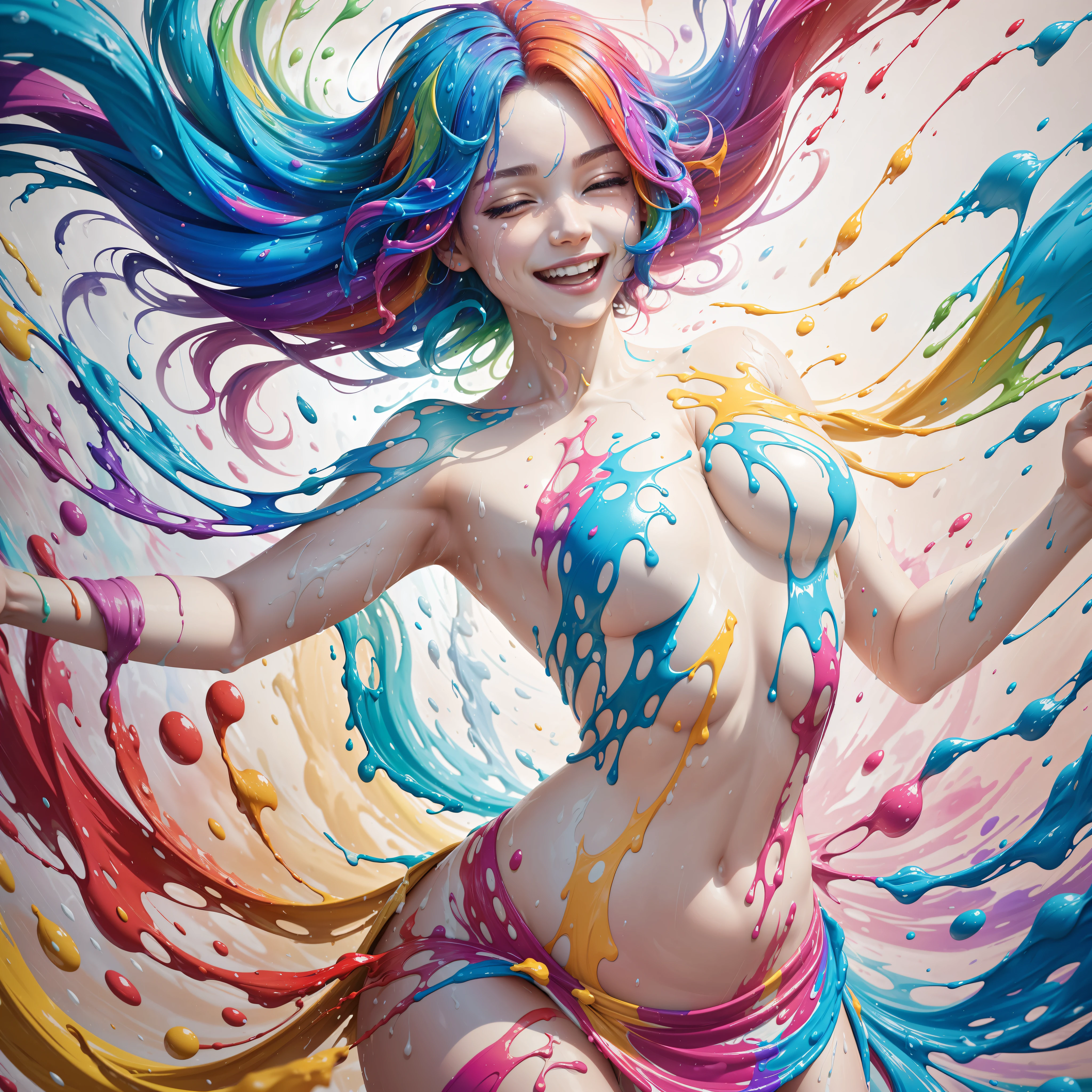 a woman joyfully twirling in the raining paint, paint raining, thick paint rainbow hair, body covered with paint, joyful, ((sfw)), calm facial expression, relaxed, gentle smile, (clothes made of liquid paint)), front view, ((small breasts, relaxed face, relaxed shoulders)), ((dynamic pose)), liquid details, correct anatomy, both arms visible