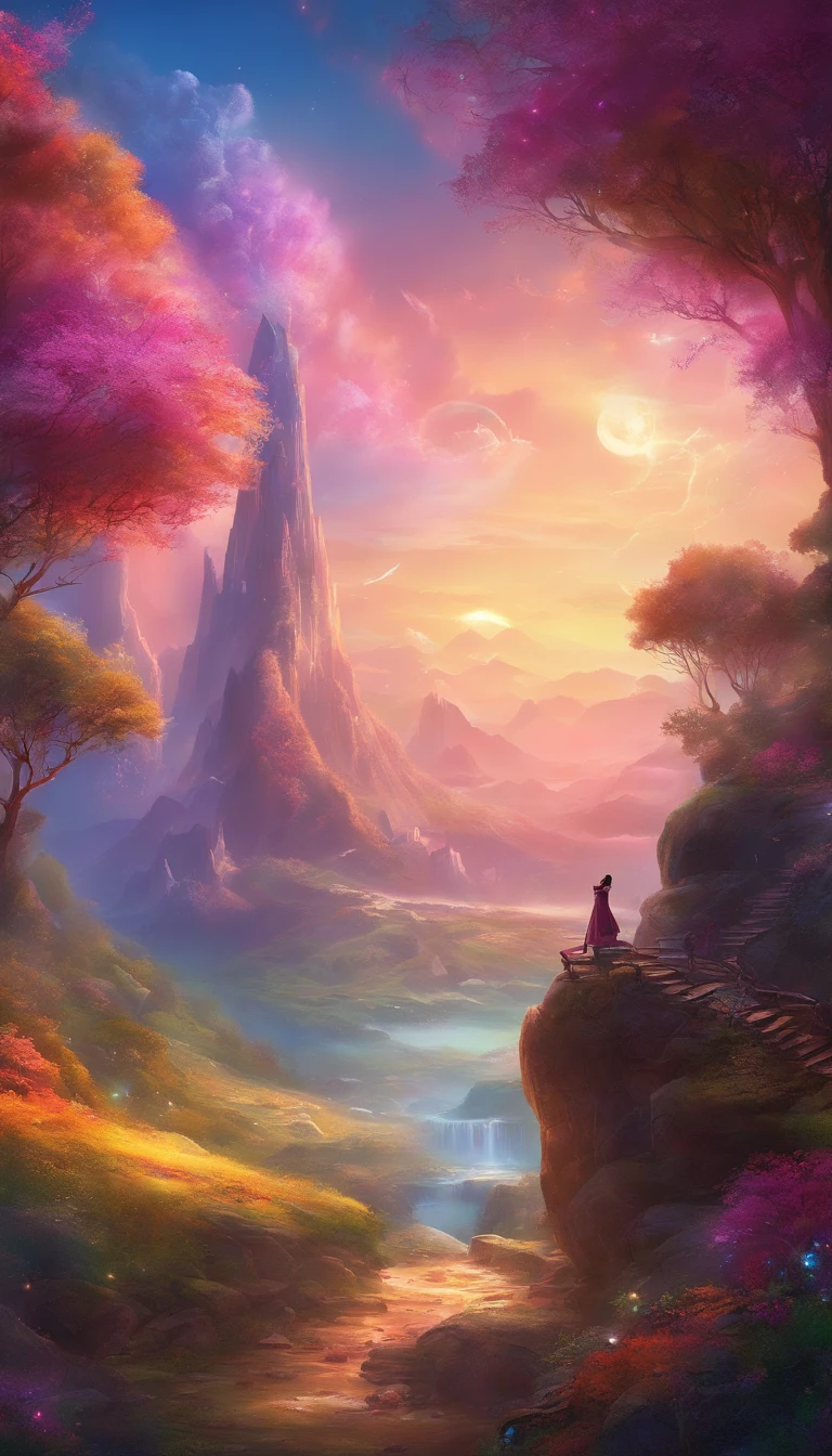 Vast landscape photos, distant mountain々, Magical montaga with bright water waterfall, Illuminated water, (a view from below that shows sky above and open field below), (Take the key: 1.2), (shooting stars: 0.9), (nebulas: 1.3), distant mountain , (Warm light source: 1.2), (firefly: 1.2), apples, Light purple and neon blue,Magicism Light Complex Detail, volume illumination (masterpiece: 1.2), (top-quality), 4K, Ultra Detarhad , (Dynamic Composite: 1.4), Highly detailed color details (Iridescent colors: 1.2), (Bright lighting, Atmospheric illumination), dreamer, magia, (Solo: 1.2)
