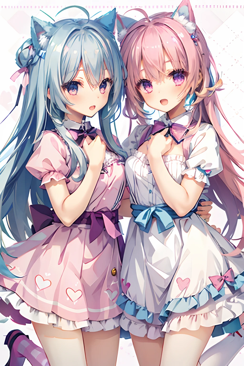 NSFW,Two Girls,selfee,Bring nipples to nipples together,show off nipple,Light blue hair,Light pink hairstyle，Cat ears，Pink eyes，Light blue Lolita，white sock，pink bows,Smile with open mouth,Top image quality,Best Quality