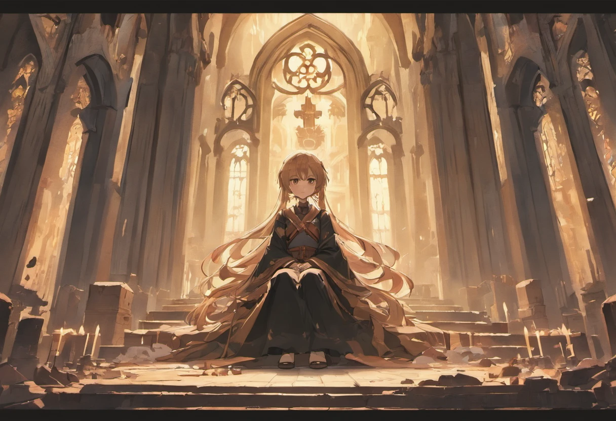 japanese, pencil drawing, roughly sketched, loose lines, brushed lines, outline drawing, beautiful thin lines, intriguin correct anathomy, academic drawing, elaborate, perfect composition, two-point perspective, 1 anime girl sitting on a rubble, inside church, ruined church, sketch, black and white, interesting, amazing, high res, detailed, professional lighting, no other humans, detailed inside, fantasy themed church, broken church, rubbles