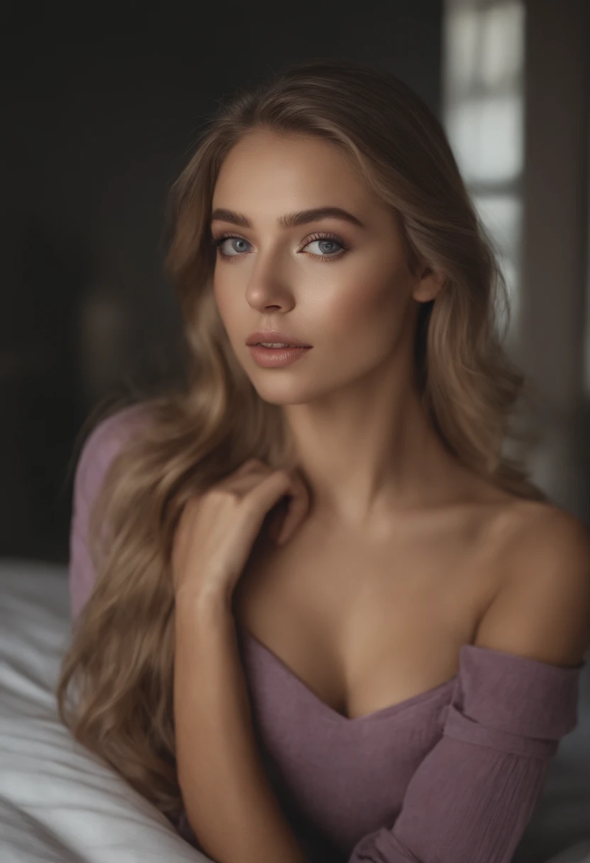 Arafed woman completely , fille sexy aux yeux bleus, ultra realist, Meticulously detailed, Portrait Sophie Mudd, cheveux blonds et grands yeux, selfie of a young woman, Yeux de chambre, Violet Myers, sans maquillage, maquillage naturel, looking straight at camera, Visage avec Artgram, Maquillage subtil, Great photo of the whole body kneeling on the bed, dans la chambre, Medium to large bust, Swedish,