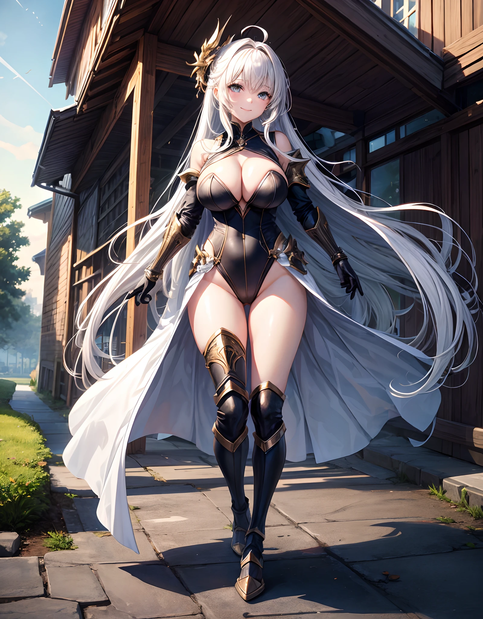Woman knight、a beauty girl、huge tit、Excellent style、Nice Buddy、glamorous、Black leotard armor、gauntlets、greave、hair adornments、silber hair、Longhaire、Ahoge、cleavage of the breast、Exposure、directly in front、1Person-person perspective、Looking at the camera、is standing、full body seen、a smile、outside of house、nigh sky、Aside、the hair flutters with the wind