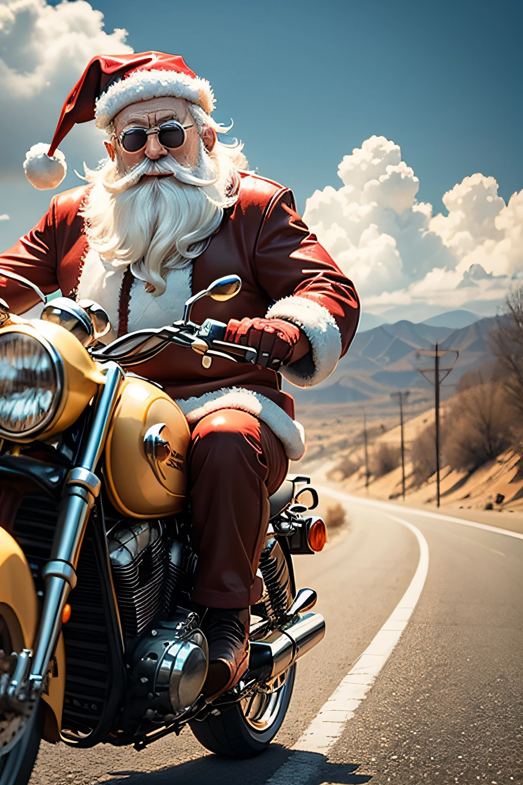 SANTA CLAUS, ON THE ROAD, DRIVING A MOTORCYCLE, WITH SUNGLASSES
