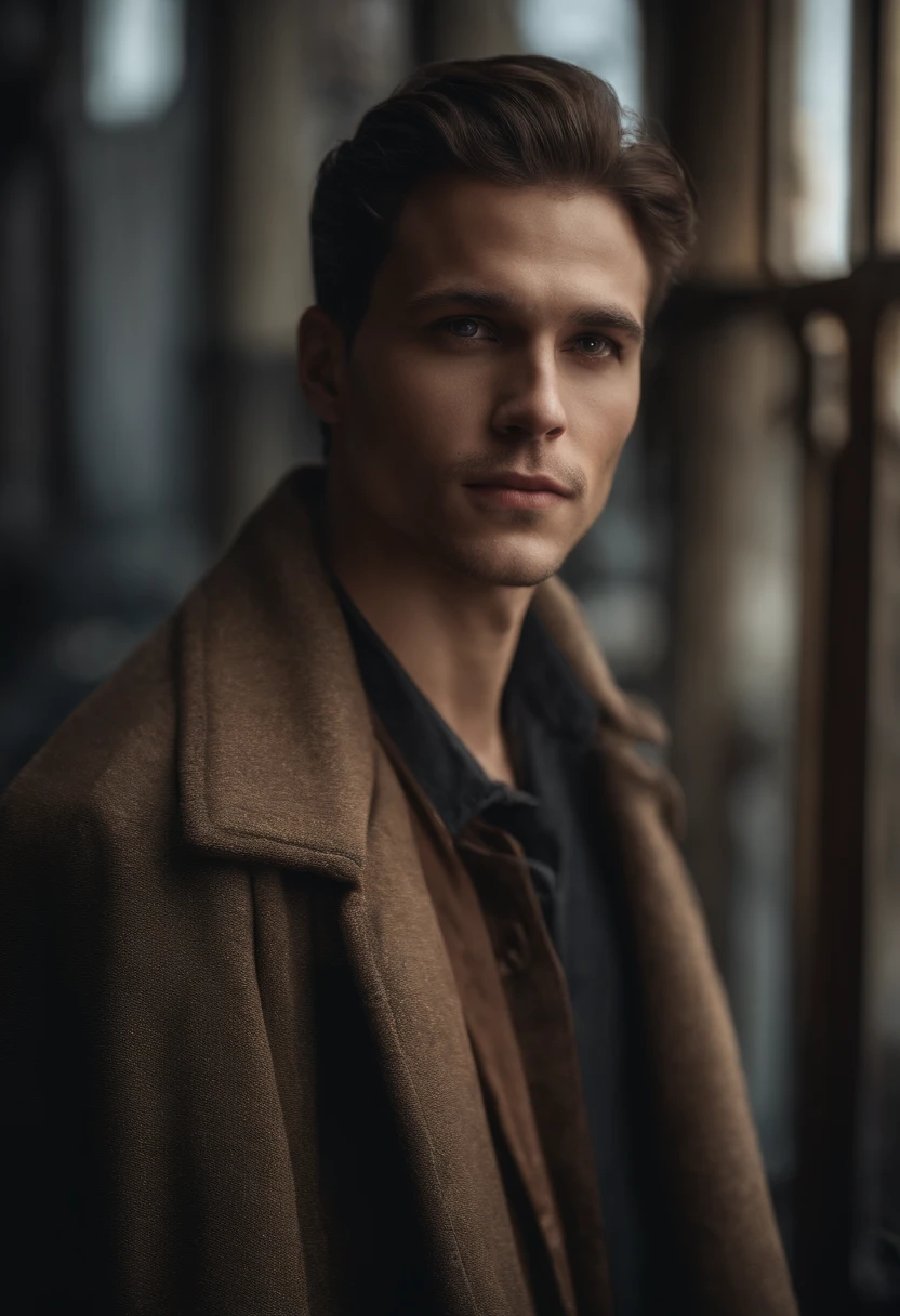 curlies, 黑The eye, Beauty mole, cool guy, Brown hair, Hairline, Seductive smile, hyper HD, Black trench coat, white skinned, High detail