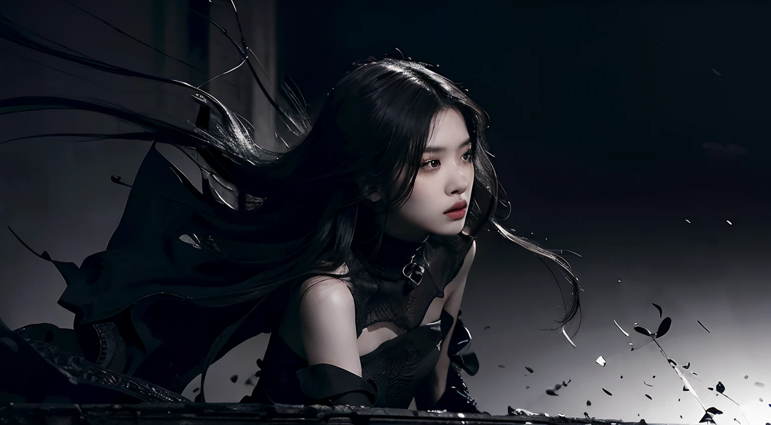 (best quality, highres),black dress,black hair,black petals,black theme,no lights,black ninja,dark shadows,dramatic atmosphere,exquisite details,perfect composition,subtle textures,contrasting colors,sleek design,graceful movement,sharp edges,emotive expression,extraordinary pose,mysterious aura,striking contrast,modern art style,intense emotions,masterful brushstrokes,vibrant black tones,sophisticated elegance,fierce and powerful,mesmerizing intensity,artistic vision,black abyss,illusion of depth,enigmatic beauty,ethereal presence,impressive artwork,hauntingly beautiful, dark theme, black background, black rose, dark ninja, intense gaze, flowing dress, detailed facial features, long eyelashes, contrast, fine details, dramatic atmosphere, gothic style, intense emotions, monochrome color palette, captivating setting, haunting beauty, artistic photography, everything is black