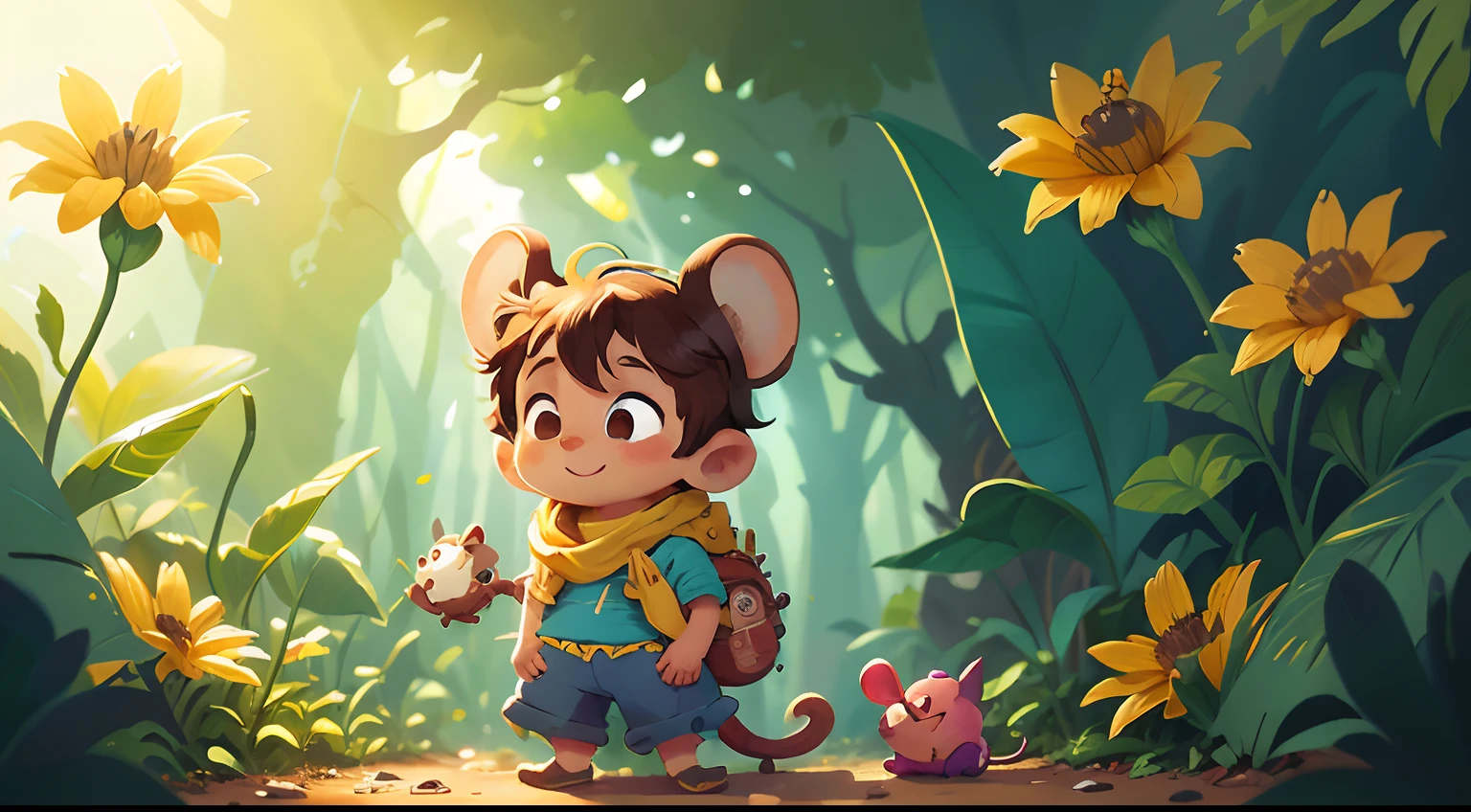 Pimpão is a charming little mouse, um sorriso encantador, Wearing a small yellow and blue colored scarf around the neck, Your eyes are small, brilhantes e expressivos, (((ambulante))), na floresta encantada.