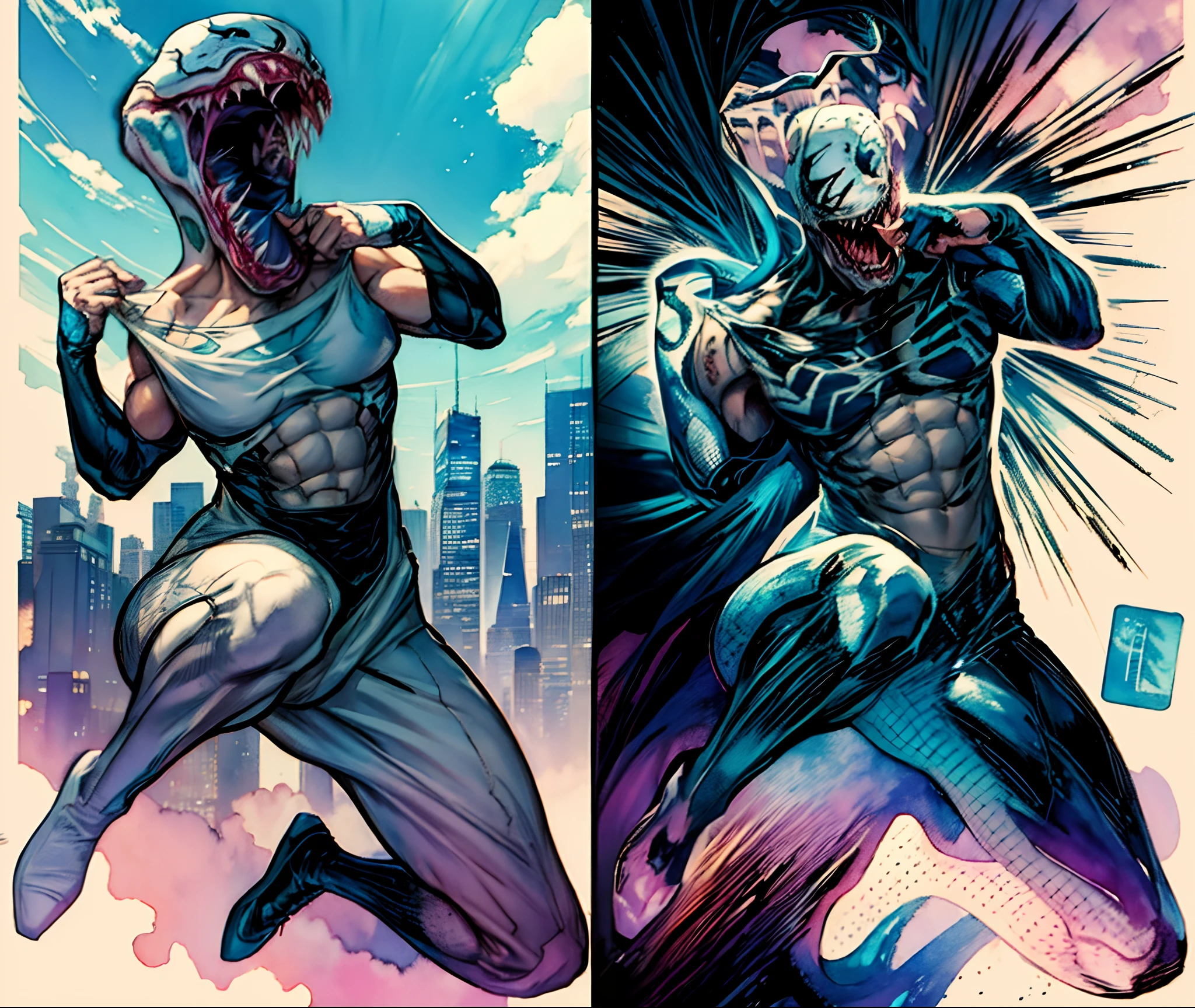 Page colored with a watercolor palette, pastel tones, shows us the character Venom from the Marvel comic, his clothes are torn, in the background the city of Manhattan in perspective, you can see the horizon line