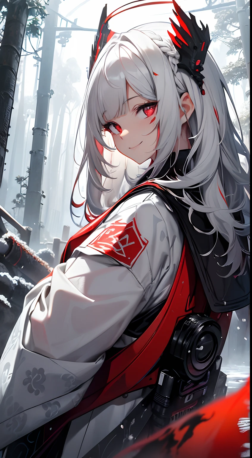 Girl,Snow-white skin),vellus hair,red halo,White scales,Prompts are highlighted in red, White water droplets,Ink Phantom,fansty world,background inside dark,Clean design,Epic Instagram,art stations,Colorful paint splashes,contours,Hyper-detailed intricate details,unreal-engine,fanciful,Complicated details,splash image,complementary colours,fantasy concept art,8K分辨率,A masterpiece of deviantart,oil painted,Heavy strokes,paint drips,(Isolated on black background:1.3),Rainbow skins,(((A handsome young))), ((Ink pattern:1.5)), 《Red cloud:1.5》,(Glowing red eyes),,((((White straight hair:1.1))), ((Black sailor suit,White pattern)), (ssmile)\\(A happy expression\\),《gigantic trees:1.5》,《Lie on your side on the ground》, Braided,White shiny bangs,Hair covers the ears, Shiny hair