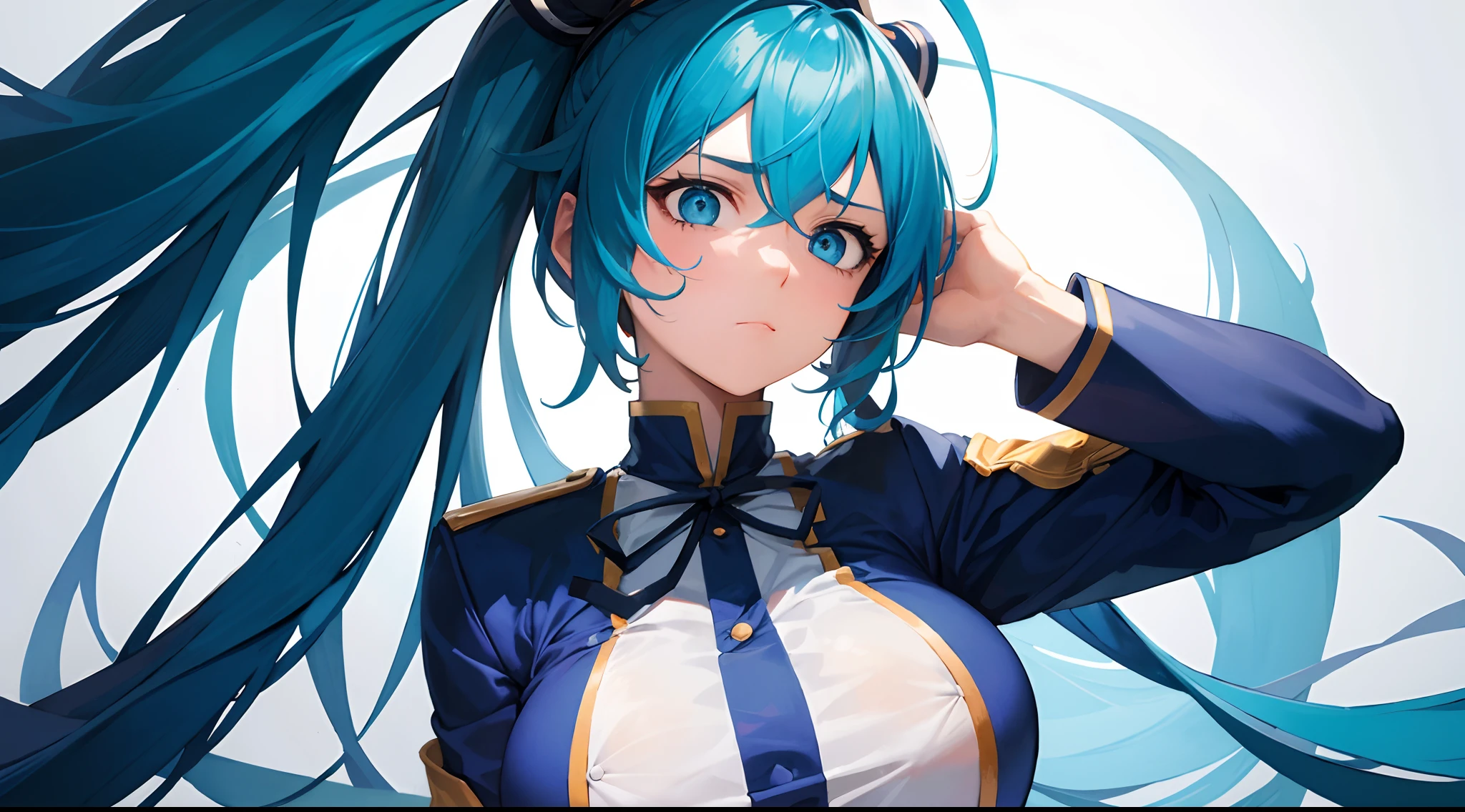 Masterpiece, highly best quality, Colorful, A woman, (Girl student uniform), (Tai), (Emotionless face), Cyan hair, High contrast shiny oily skin, huge long breasts, sfv ,
