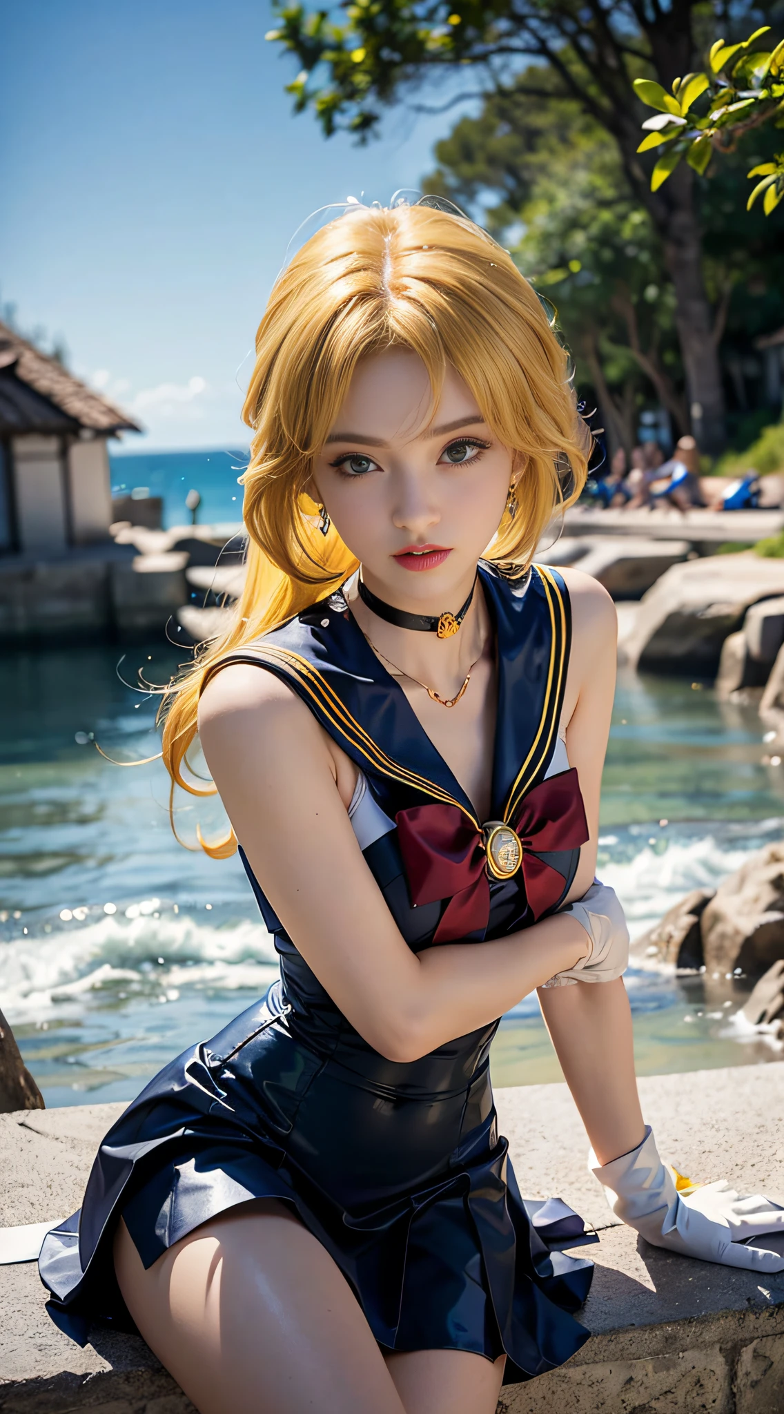 A close up of a woman in a sailor outfit sitting on a ledge - SeaArt AI