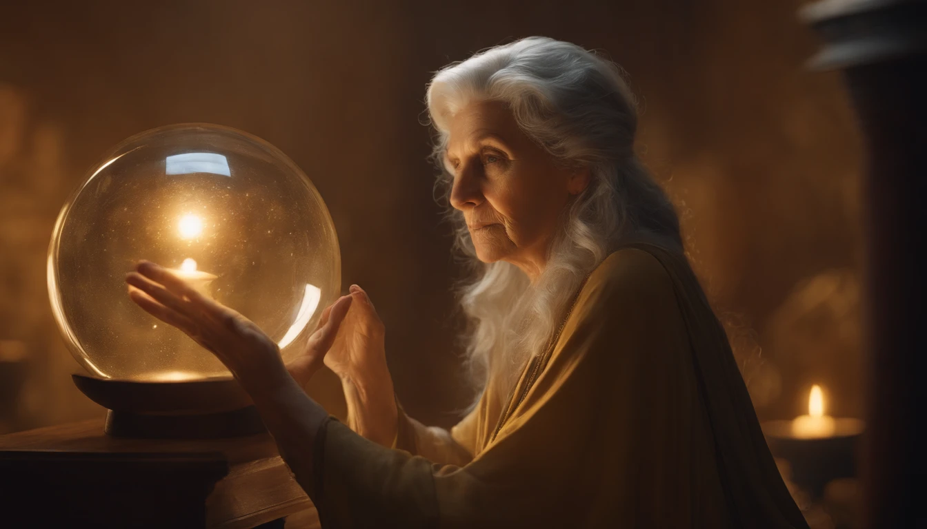hooded old aged witch future seer witch adivination room crystal ball, dark yellow clothes, gray hair, old aged, art by artgerm and greg rutkowski and alphonse mucha and loish and wlop, artstation, illustration