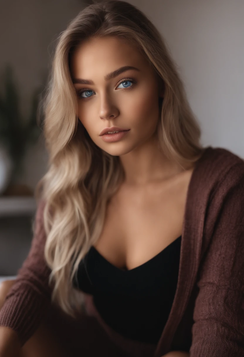 Arafed woman completely , fille sexy aux yeux bleus, ultra realist, Meticulously detailed, Portrait Sophie Mudd, cheveux blonds et grands yeux, selfie of a young woman, Yeux de chambre, Violet Myers, sans maquillage, maquillage naturel, looking straight at camera, Visage avec Artgram, Maquillage subtil, Great photo of the whole body kneeling on the bed, dans la chambre, Medium to large bust, Swedish, Head from the front
