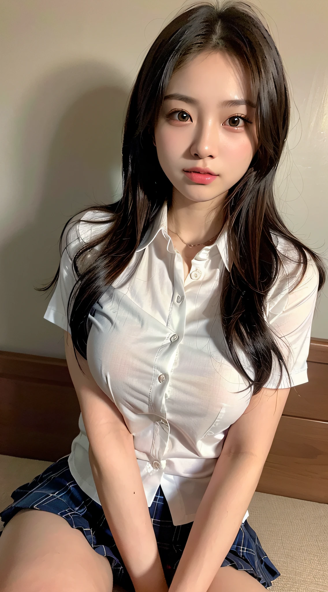 1girl, Amazing face and eyes, (extremely detailed beautiful face), (school uniform with wide open breasts:1.35), (naked_shirt:1.4), (Best Quality:1.4), (Ultra-detailed), (Ultra realistic, photo-realistic:1.37), beautiful fair skin, extremely detailed CG unified 8k wallpaper, raw photos, professional photograpy, cinematic lighting, sitting, spread legs wide open, bedroom, (beautiful floral wallpaper), ((moody lighting)), dazzling lighting, A refreshing morning, sunlight,