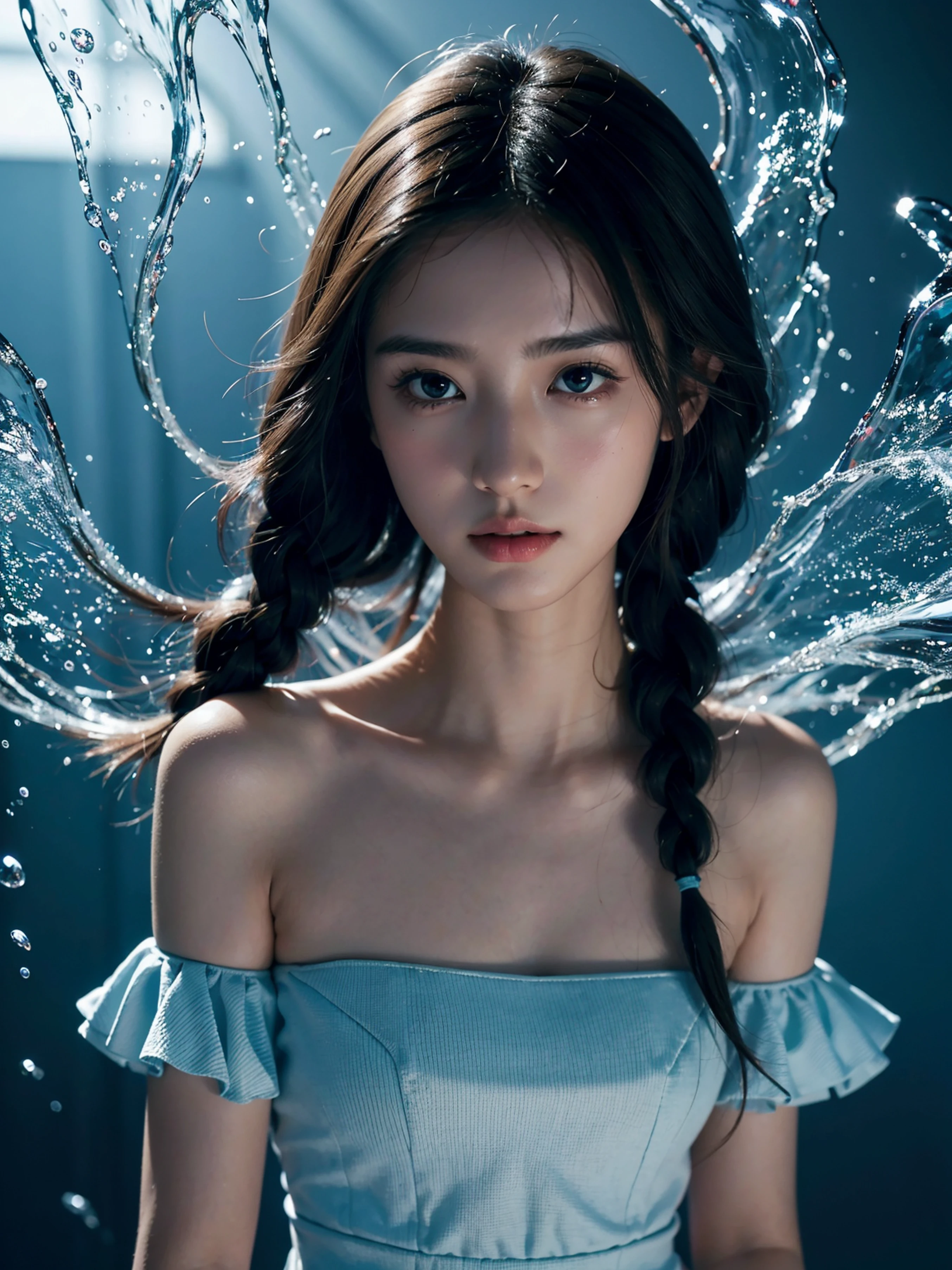 Advanced 3D digital art, A very cute and beautiful woman wearing a dress made of water , corpo inteiro, muito longo ondulado azul azul cabelo, braided hair, Destaques brancos no cabelo, olhos lacrimejantes azuis azuis, rosto redondo completo, Japanese Cute Cute Young J-Pop Idol Actress Face Girl, Cinematic lighting, Tiro no meio, altamente detalhado, trending on pixiv, art-station, deviantart, nicovideo, Steven Artgerm Quatro, WLOP, Ross, Ruanjia, Tiago Jean, Andrei Riabovitchev, Totorrl, Marcos Simonetti, chave visual, e sakimichan