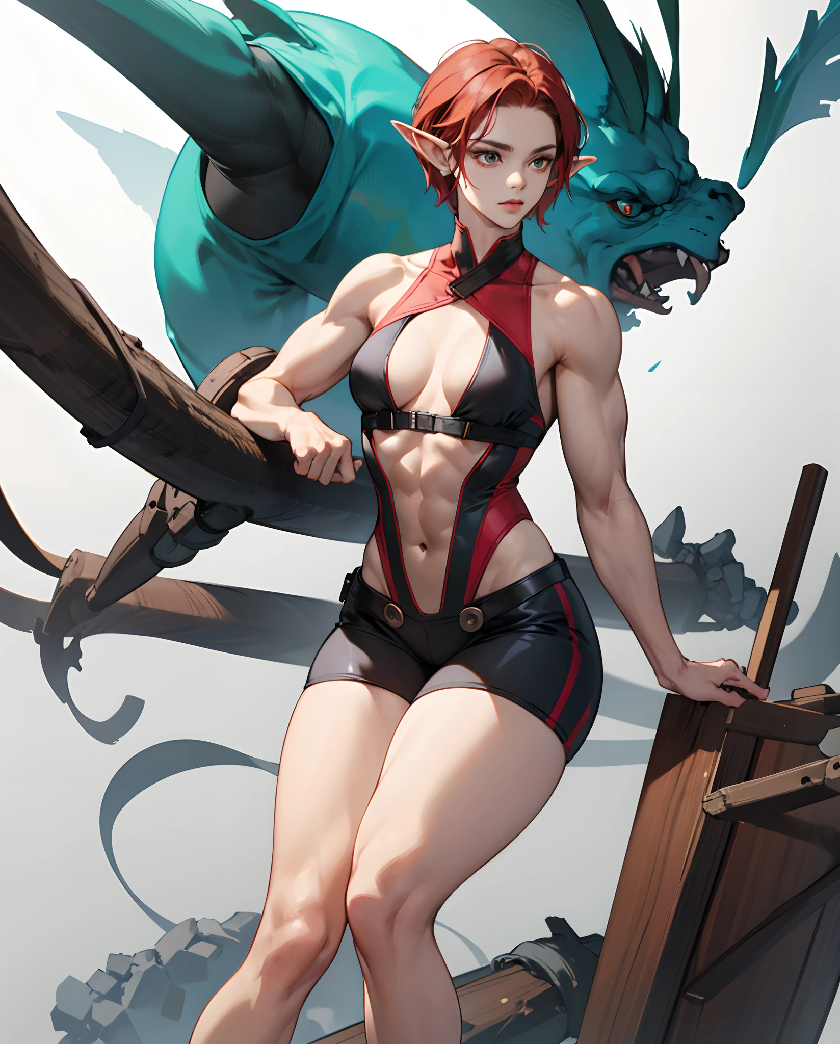 Muscular elf woman. Short red hair. Thick pectorals. Round shoulders. Small breasts. Soft but defined. Long toned legs. Large full calves.