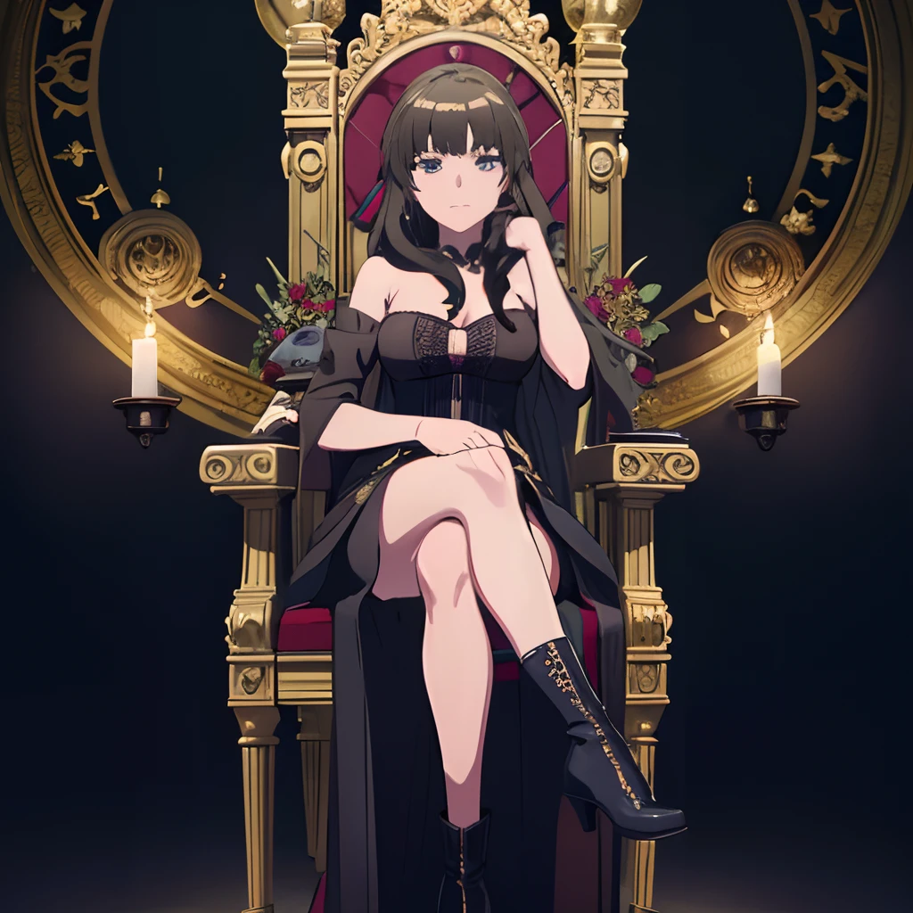 beautiful young witch wearing a revealing black dress, black witch hat, looking at the camera, sensual and super realistic face, sitting on an ornate throne, crossed legs, with boots, bare legs, beautiful, super realistic image, details in the face and skin. Dark fluo style background and candles lit in the place, surrounded by books and referring to the tarot and the horoscope. Taking care of details to the maximum, hands free. Close-up. Halloween background