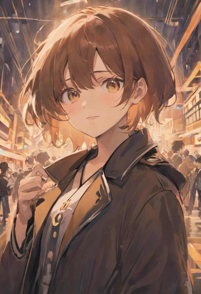 short and wavy hair, 黑The eye, Beauty mole, cool guy, Brown hair, Hairline,Mean smile, hyper HD, a black trench coat, white skinned, High detail