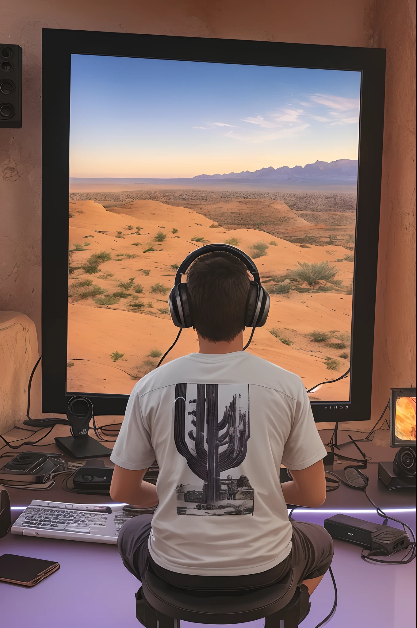 Cinematic photo of a young video game gamer sitting on a black stool facing  a 62 inch widescreen monitor placed on a white table on a cliff overlooking the arizona desert, surrealism, ambient realistic lighting, --auto --s2