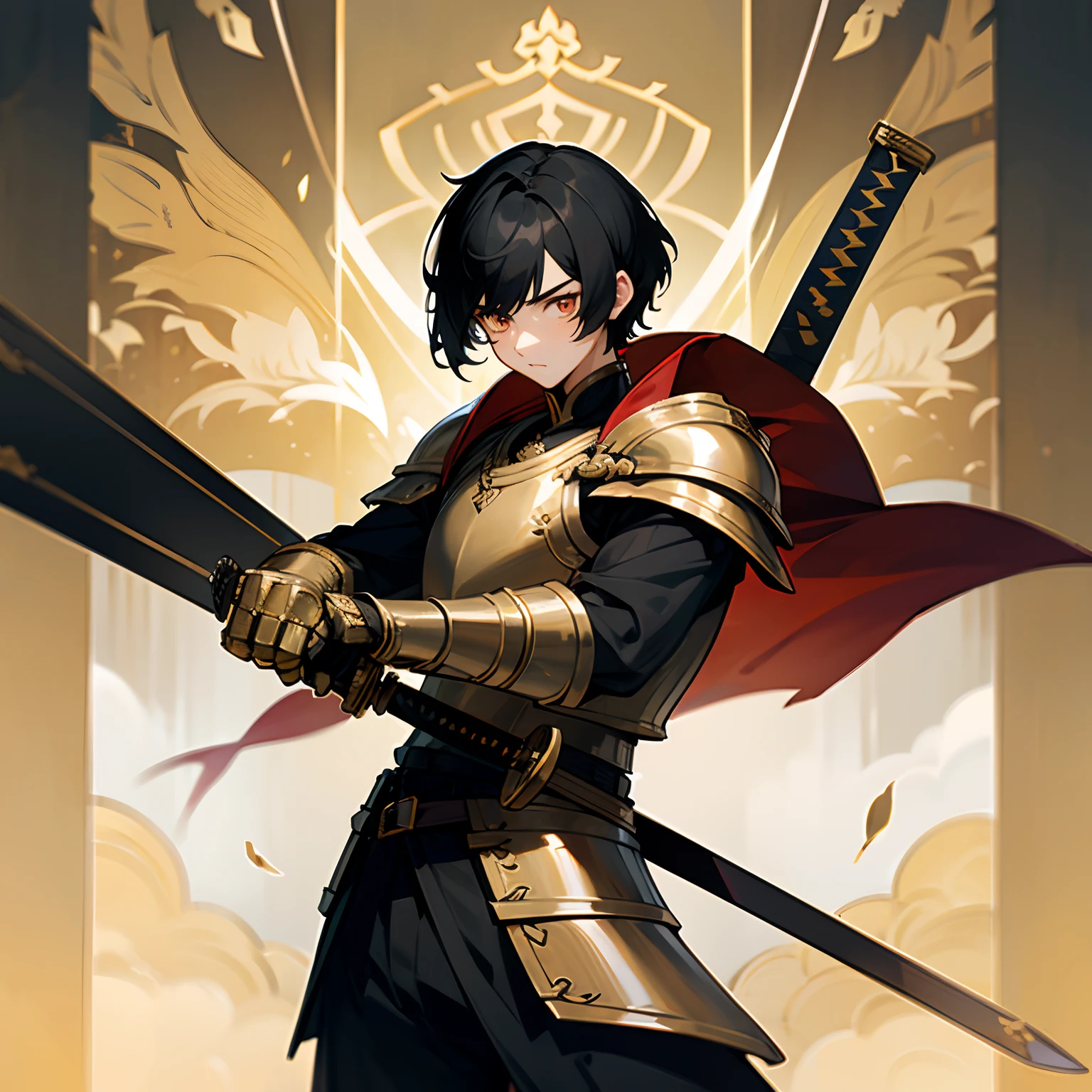 shoun,Warriors,with short black hair,Golden pupils,Tall and strong,musculous,Leather armor、Long sword、Shields, etc,A boy with