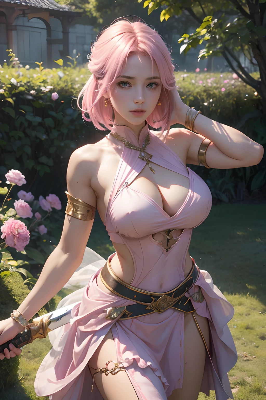 (Best Quality,4k,8K,hight resolution,Masterpiece:1.2),Ultra-detailed,Realistic, HDR,UHD,studio lightning,extreme detail description,physical based rendering, Professional, Vivid colors,bokeh, portrai, Medium illustration, Incredibly beautiful girl, a goddess, beatiful face, garden, beautiful detail eyes, Short pink hair down to the neck, pink eyes, athletic physique, Charismatic atmosphere, noblewoman, swordswoman, dynamicpose, long sword in her hand, Massive Blade, Costume with skirt.