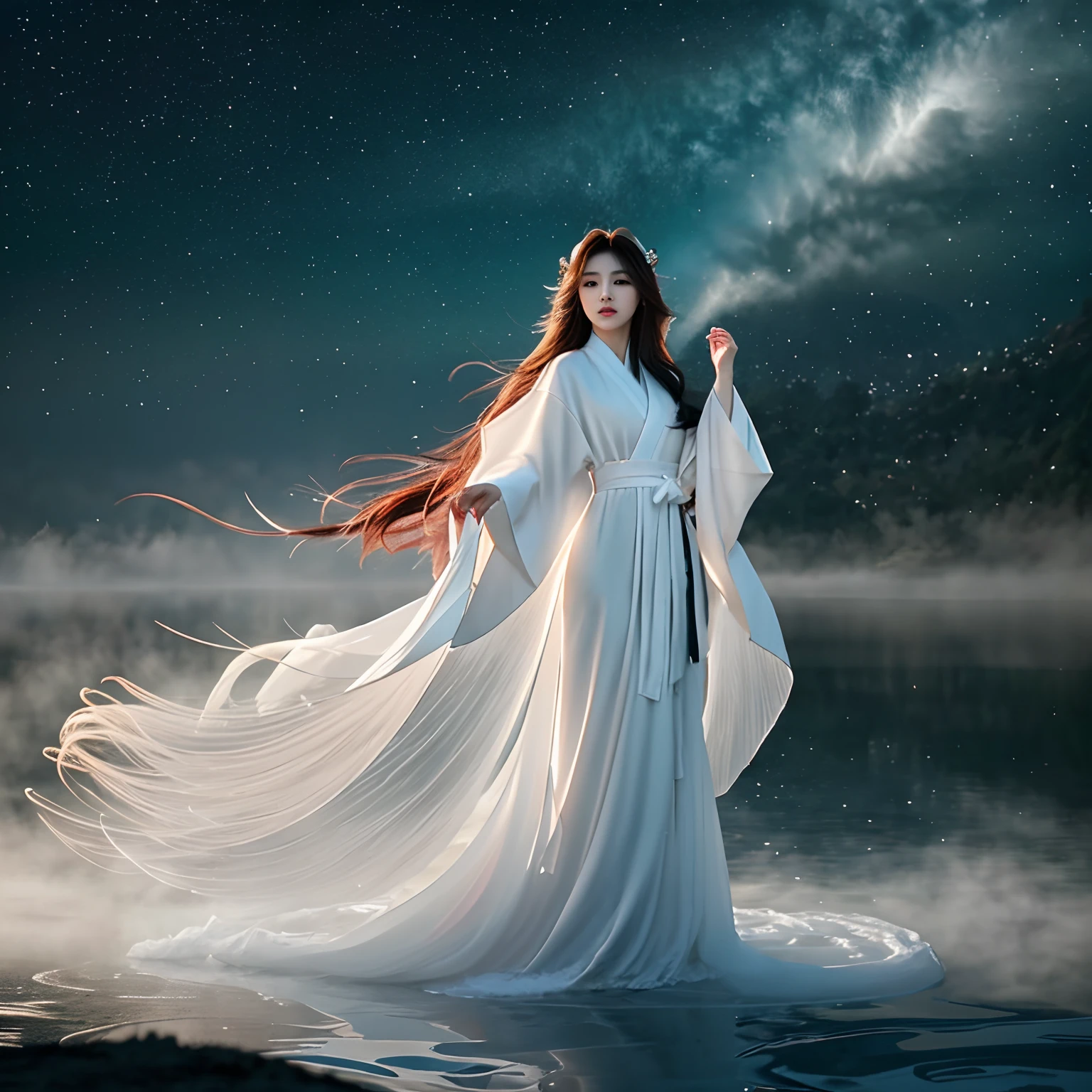 medium shot,Beautiful and ethereal vixen dressed in flowing white Chinese robes。The image captures a fox spirit standing gracefully on the water，It is surrounded by white clouds and mist，Adds an otherworldly touch to the scene。The fox demon's long white hair and robe were blown up by the wind，It adds movement and fluidity to the picture。Use Midjourney's advanced brush tools to create complex folds and textures on vixen's robes and hair，And experiment with different color palettes and brushstrokes to bring out the ethereal quality of the scene。The image of the vixen is sometimes obscured by the surrounding mist，It also adds to the beauty of the vixen，Make the scene full of mystery and fascination。Leverage Midjourney's powerful tools，You can bring this captivating and ethereal scene to life with incredible detail and beauty。 hdr，（真实感，Masterpiece quality，best qualtiy），，pureerosface_v1，ulzzang-6500-v1.1，