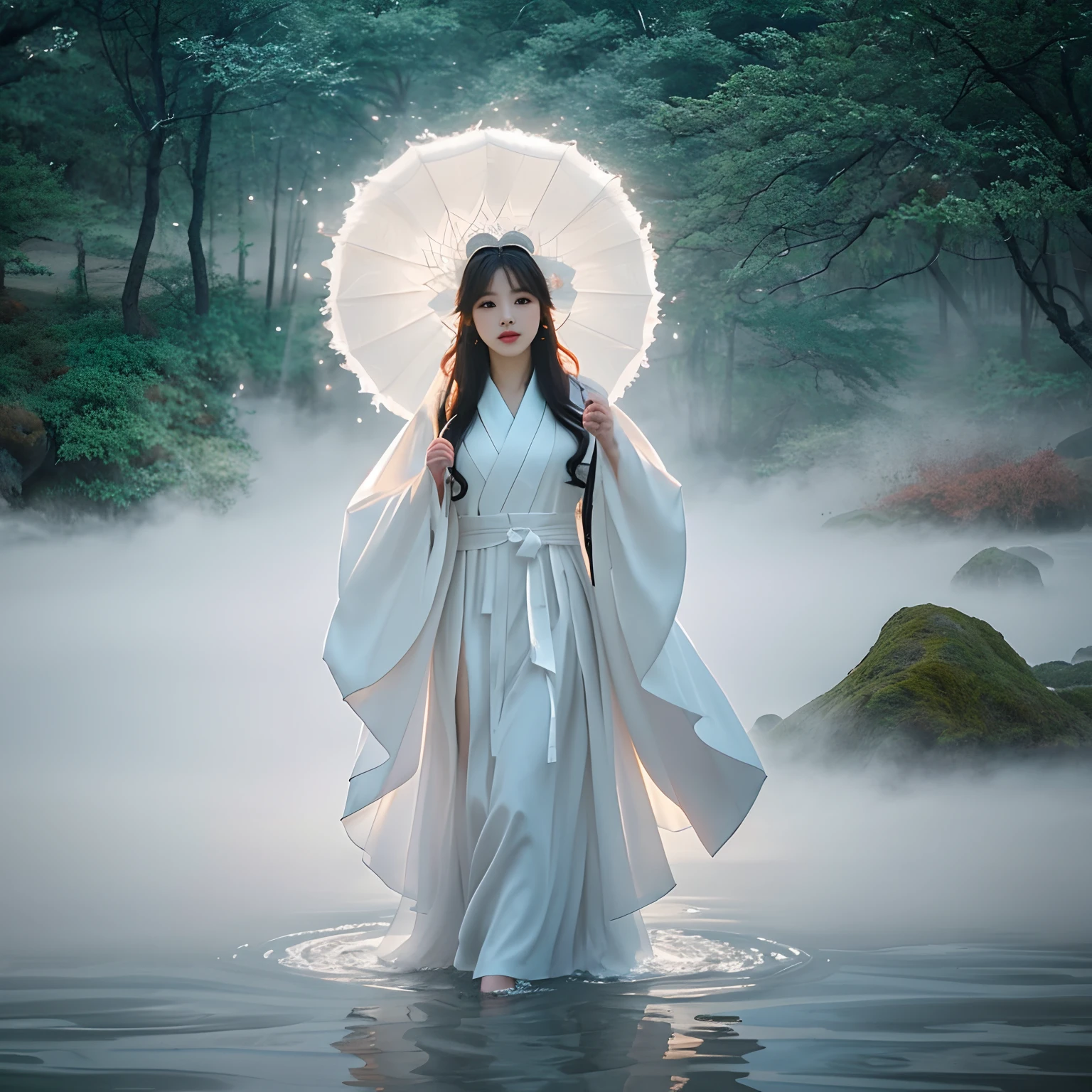 medium shot,Beautiful and ethereal vixen dressed in flowing white Chinese robes。The image captures a fox spirit standing gracefully on the water,It is surrounded by white clouds and mist,Adds an otherworldly touch to the scene。The fox demon's long white hair and robe were blown up by the wind,It adds movement and fluidity to the picture。Use Midjourney's advanced brush tools to create complex folds and textures on vixen's robes and hair,And experiment with different color palettes and brushstrokes to bring out the ethereal quality of the scene。The image of the vixen is sometimes obscured by the surrounding mist,It also adds to the beauty of the vixen,Make the scene full of mystery and fascination。Leverage Midjourney's powerful tools,You can bring this captivating and ethereal scene to life with incredible detail and beauty。 hdr,(真实感,Masterpiece quality,best qualtiy),,pureerosface_v1,ulzzang-6500-v1.1,