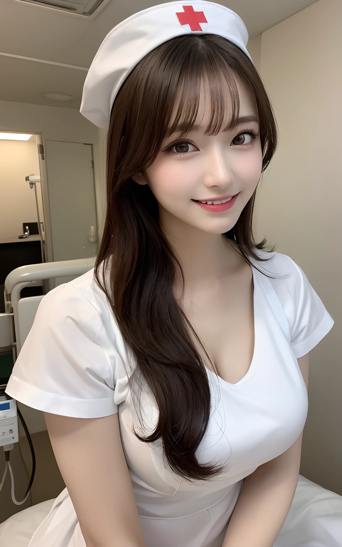 masutepiece, Best Quality, Illustration, Ultra-detailed, finely detail, hight resolution, 8K Wallpaper, Perfect dynamic composition, Beautiful detailed eyes, White nurse attire,Bob Hair, mid-chest, Natural Color Lip, Random and sexy poses,Smile,20 years girl　Colossal tits、Hospital Rooms、Nurse's Hat